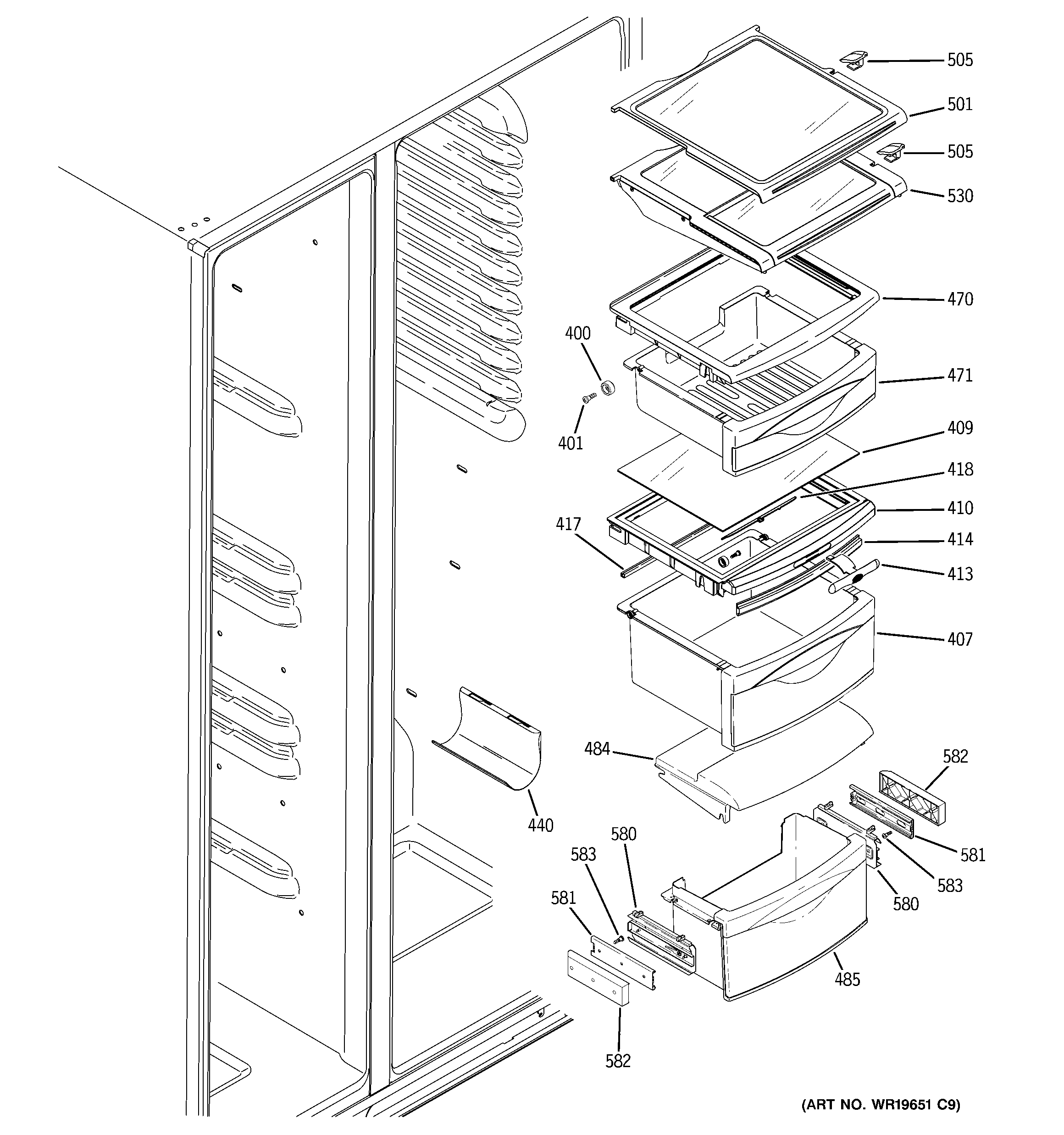 GE PSR26UHPDWW fresh food shelves diagram
