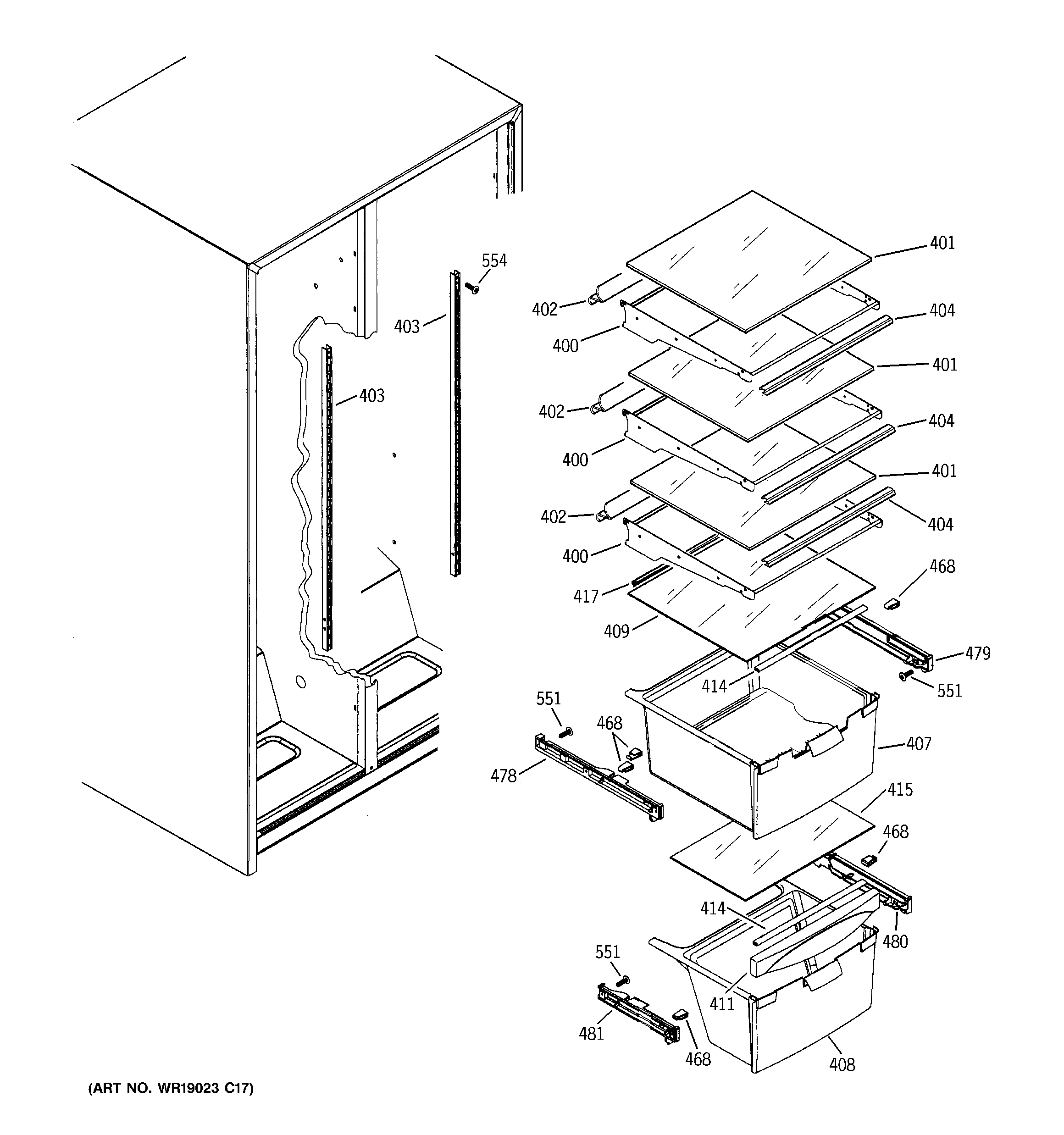 GE GSS20IEPKWW fresh food shelves diagram