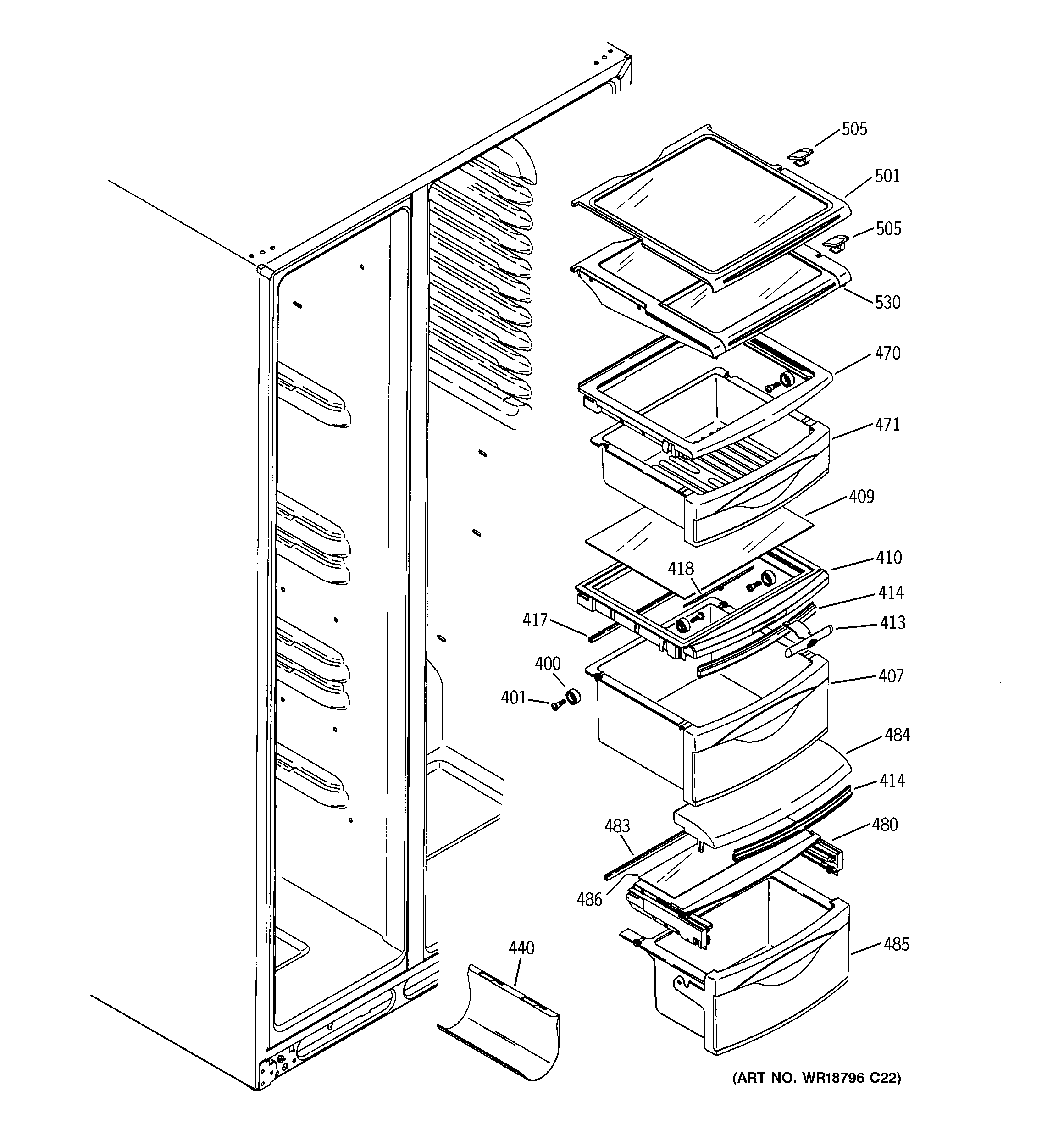 GE PSW26LSRDSS fresh food shelves diagram