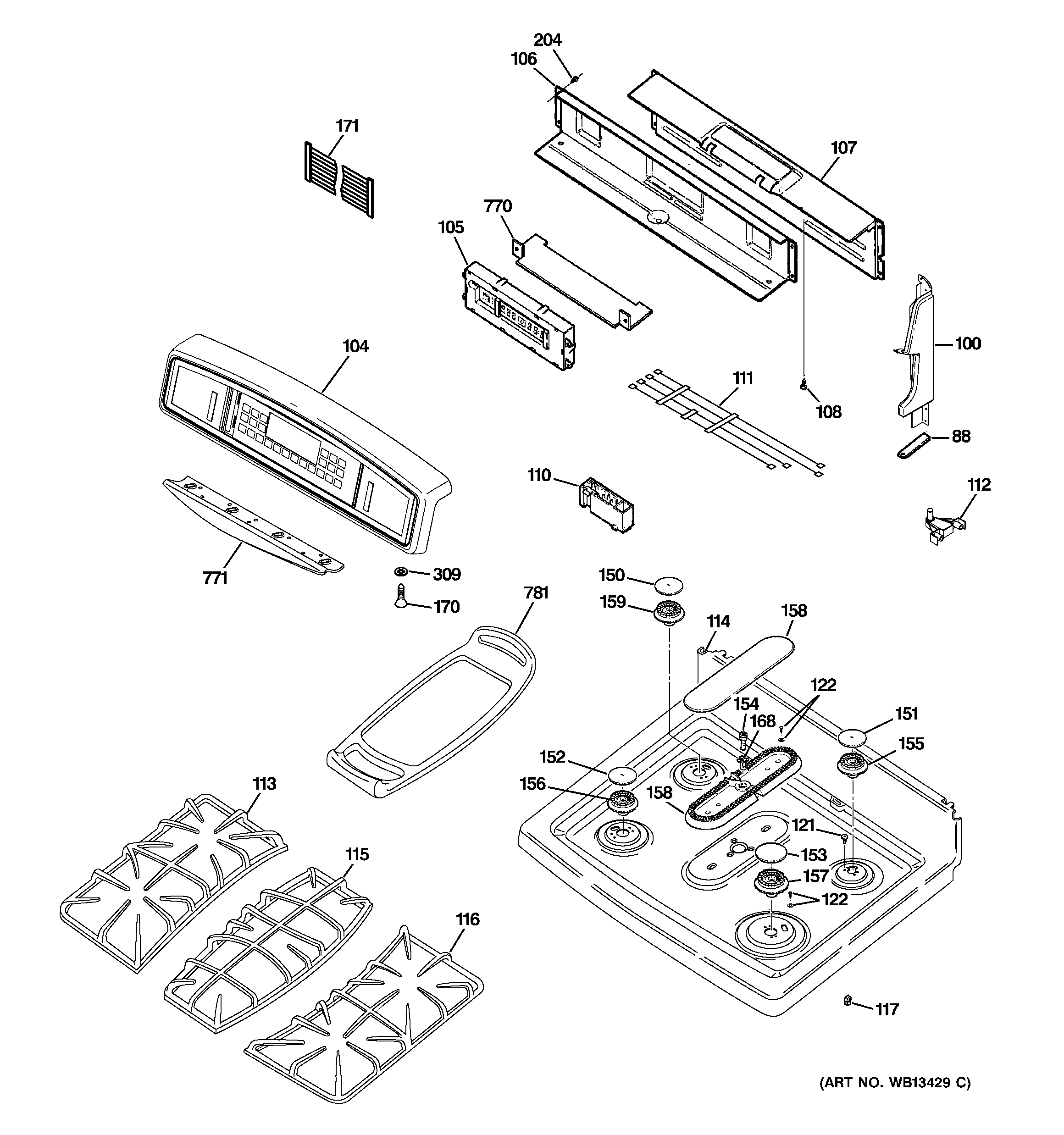 GE JGB916BEK2BB control panel & cooktop diagram