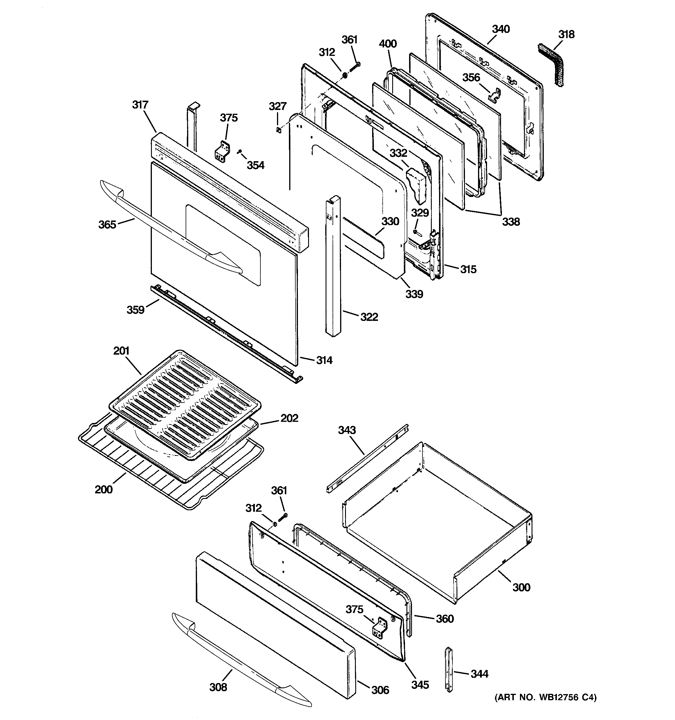 GE JGB916BEK2BB door & drawer parts diagram