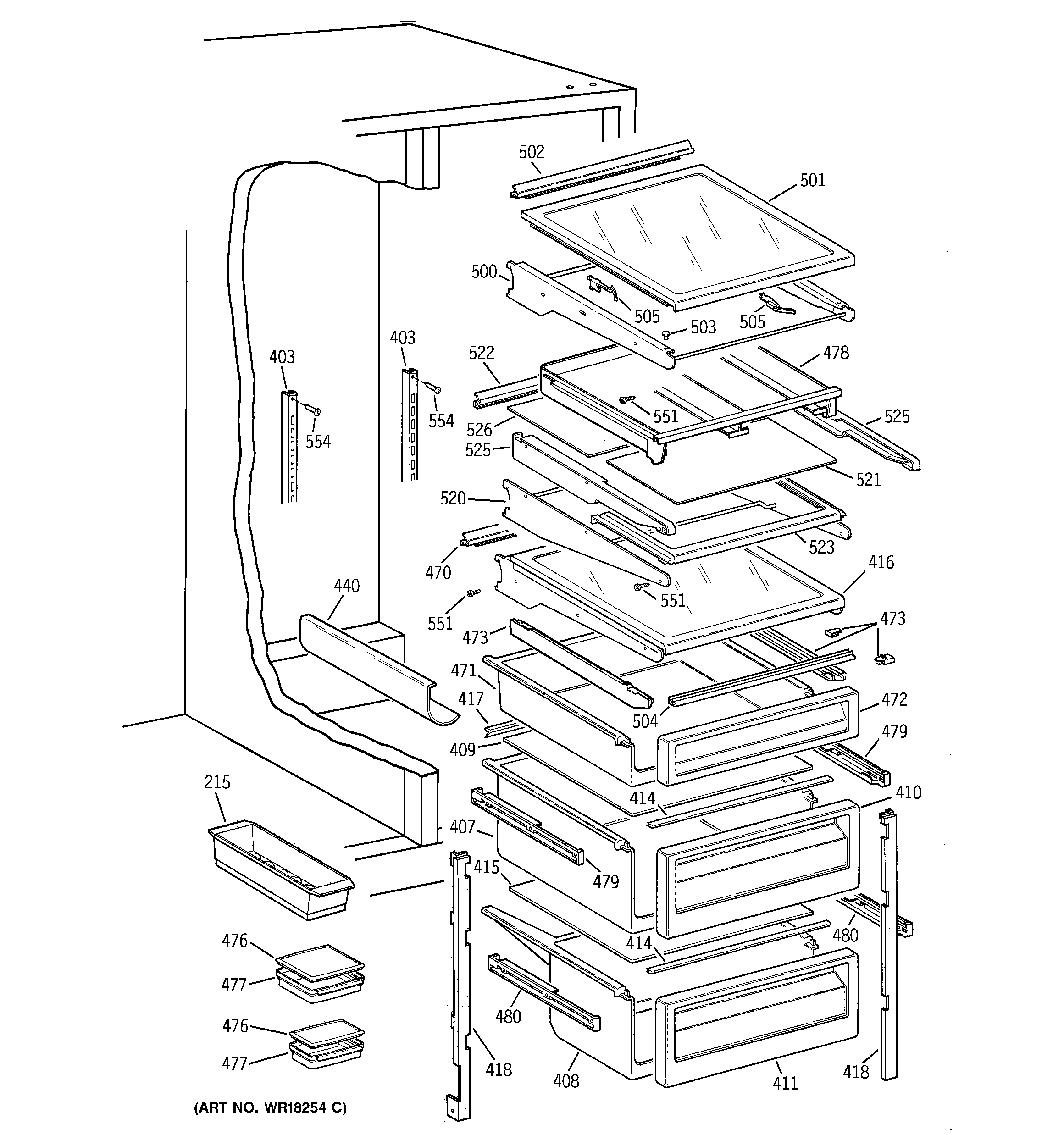 GE TFX24PFXABB fresh food shelves diagram
