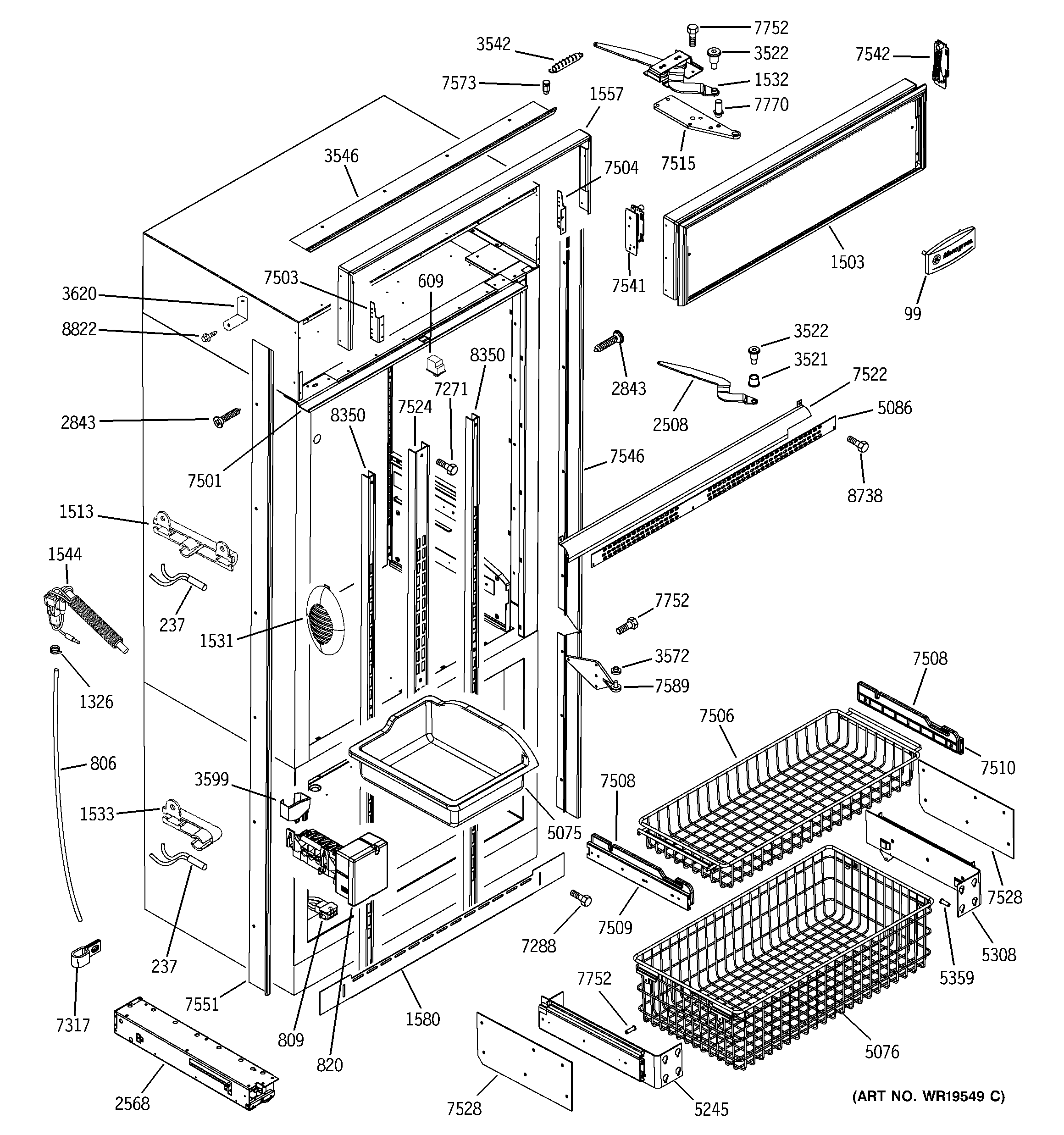 GE ZIC360NRARH freezer section, trim & components diagram