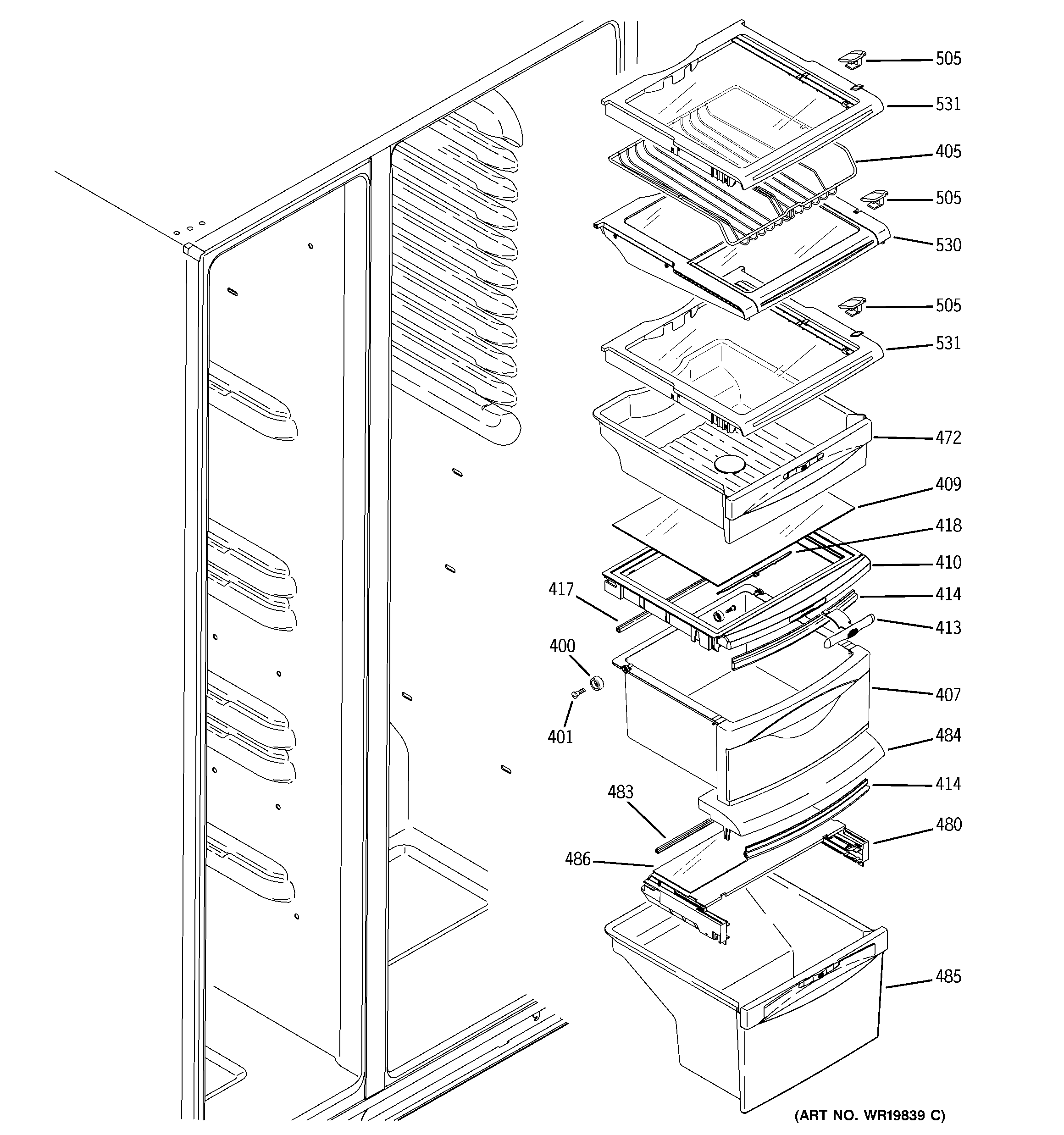 GE ESS25XGSABB fresh food shelves diagram