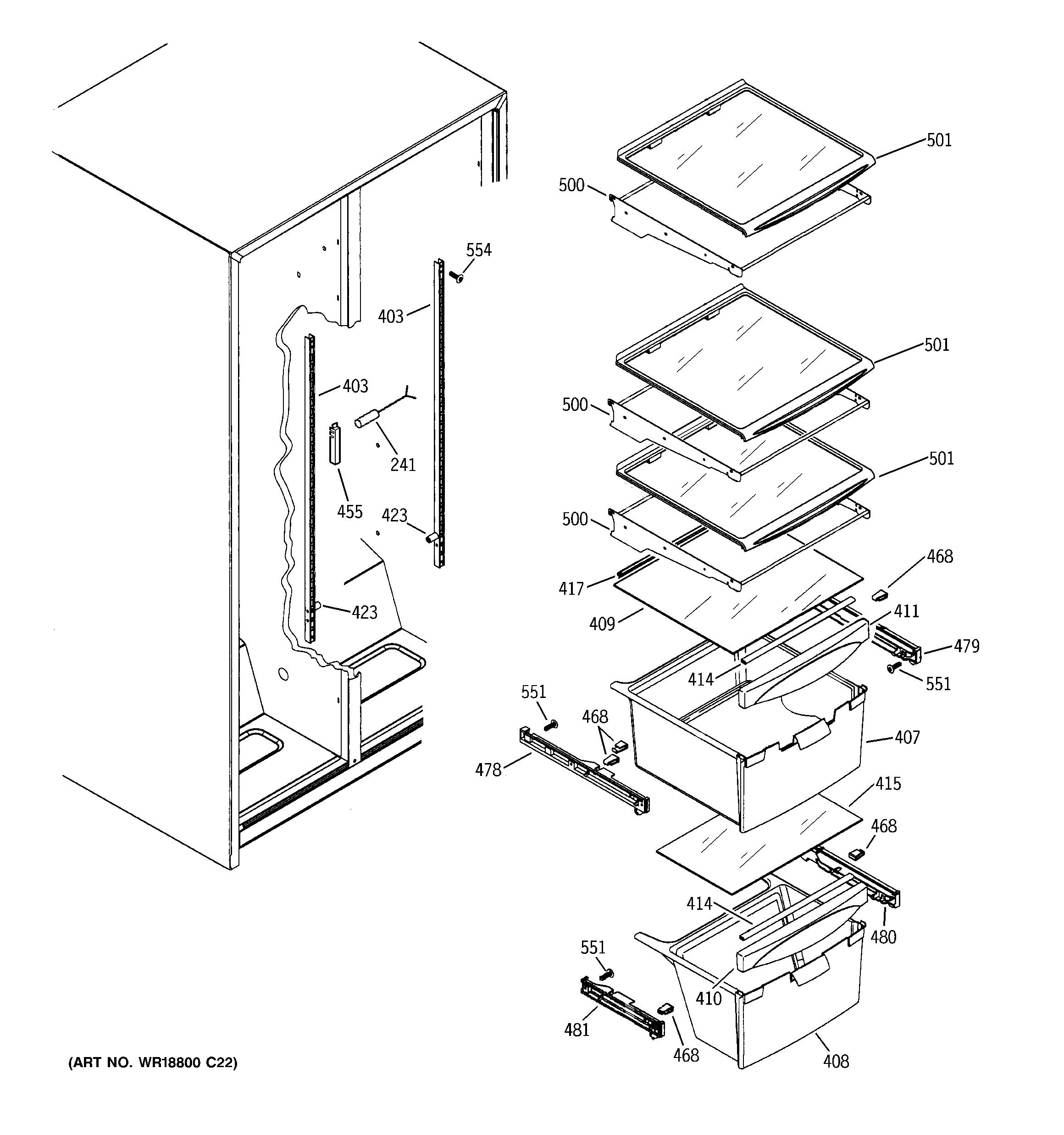 GE GSL25JFPJBS fresh food shelves diagram