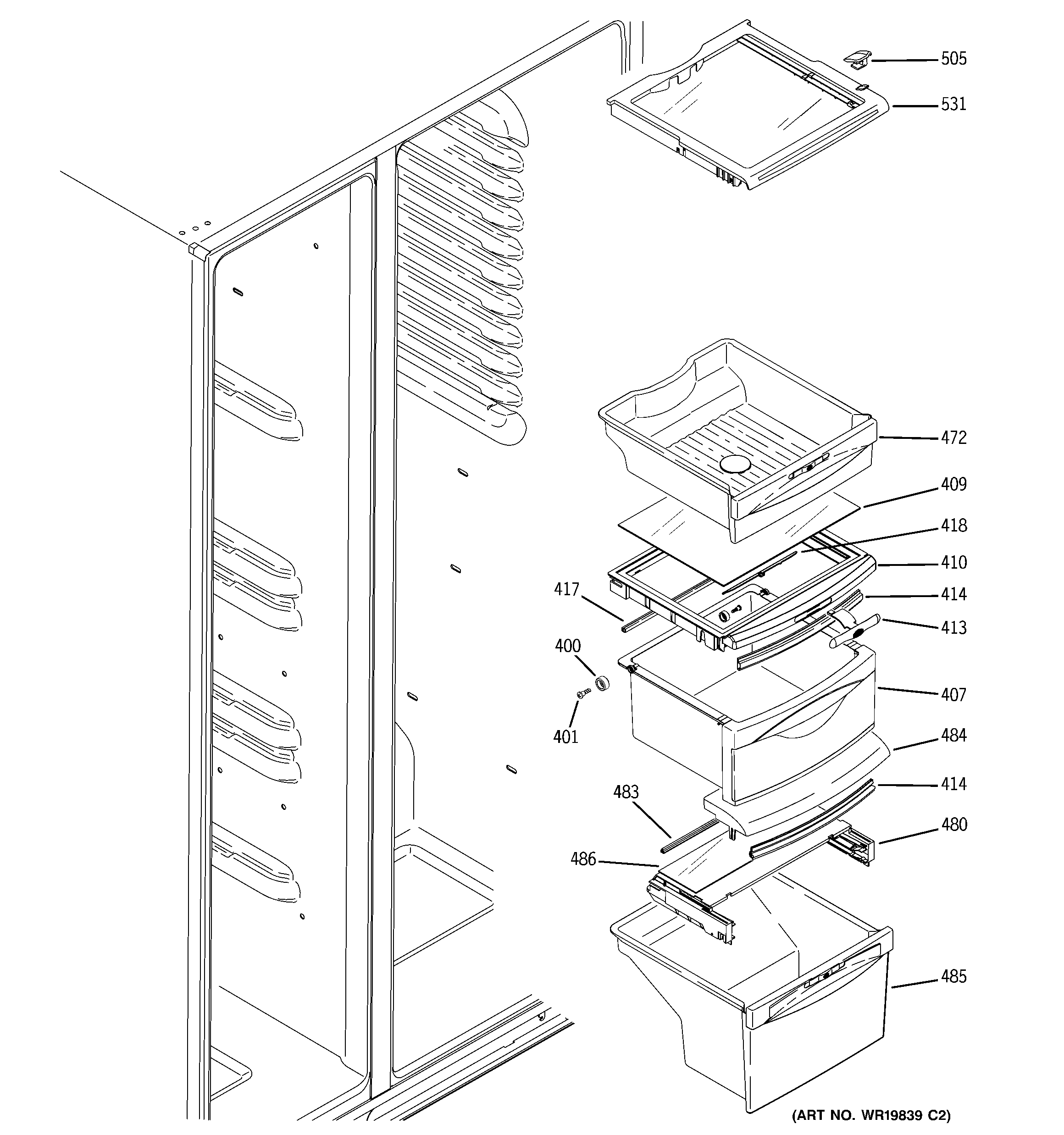 GE GSL25KGSBBS fresh food shelves diagram
