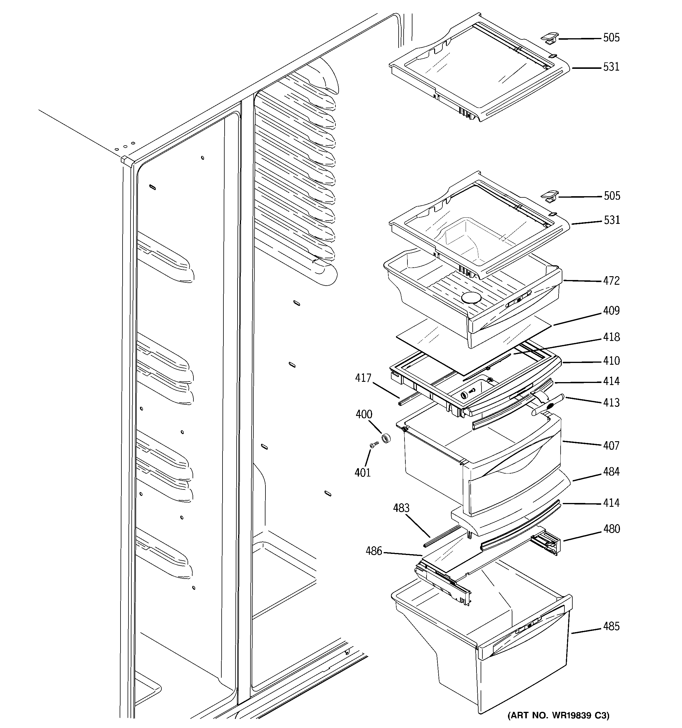 GE GSL25WGSBBS fresh food shelves diagram