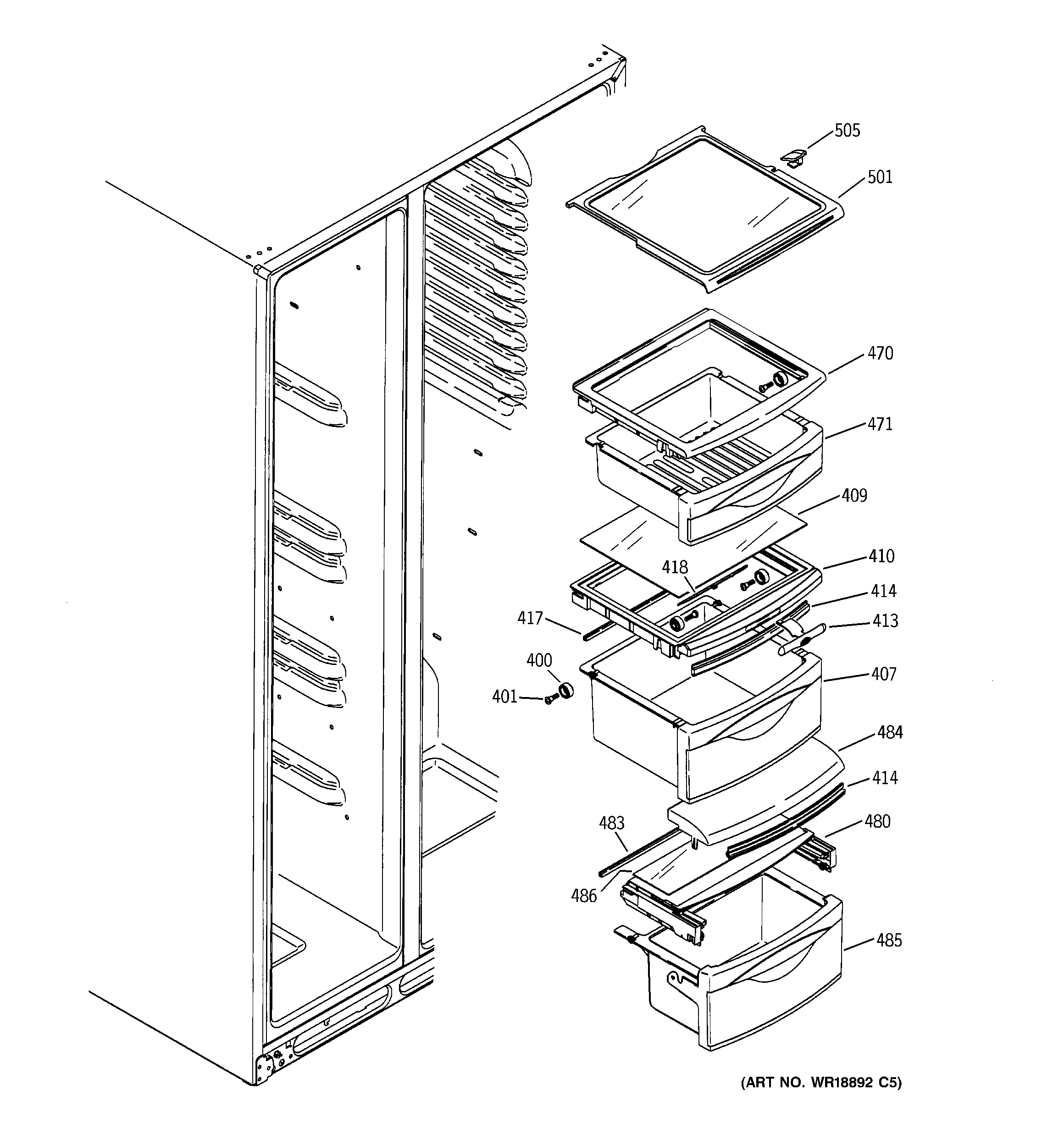 GE GSS25TSRCSS fresh food shelves diagram