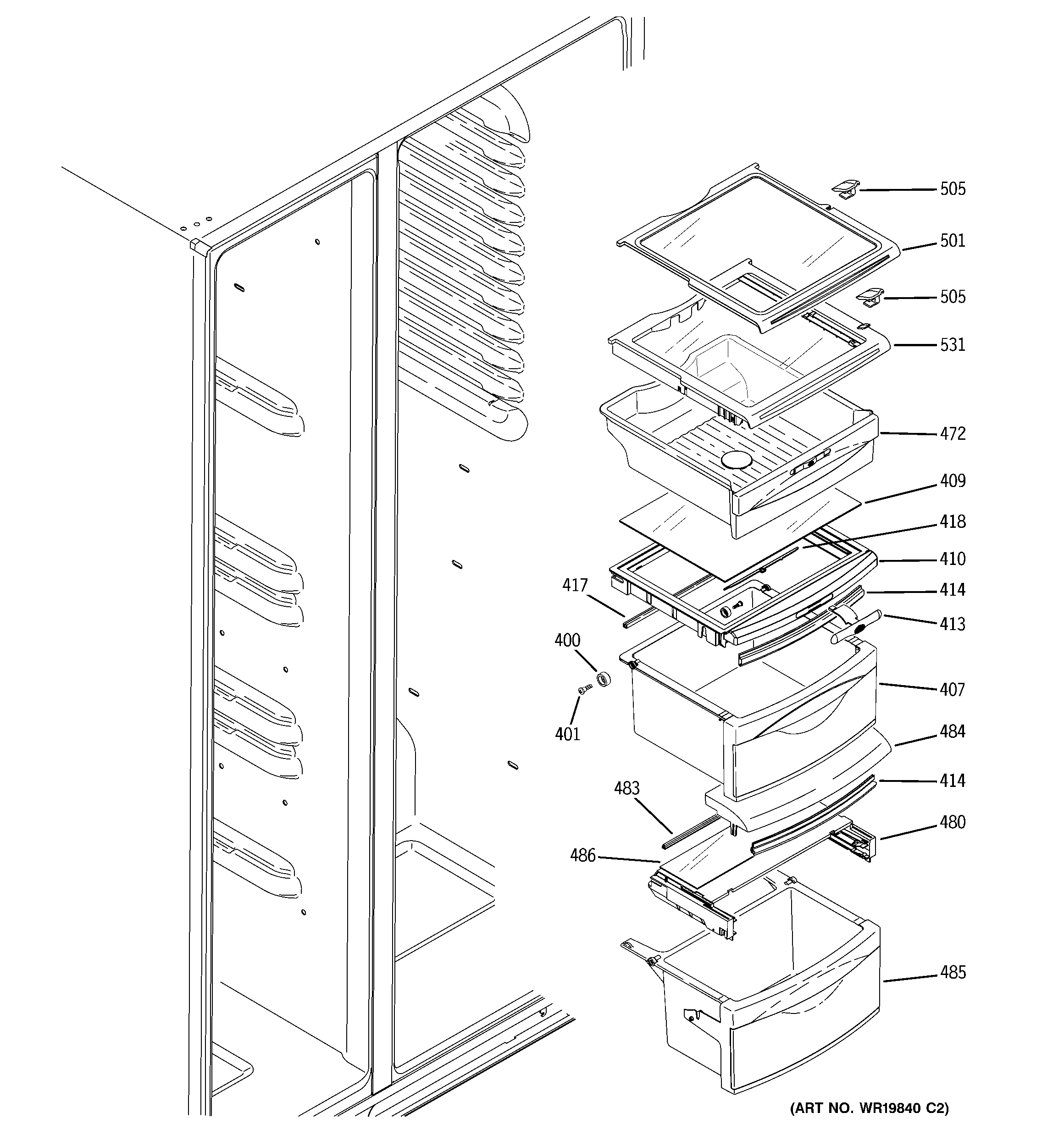 GE GSS25VGSCCC fresh food shelves diagram
