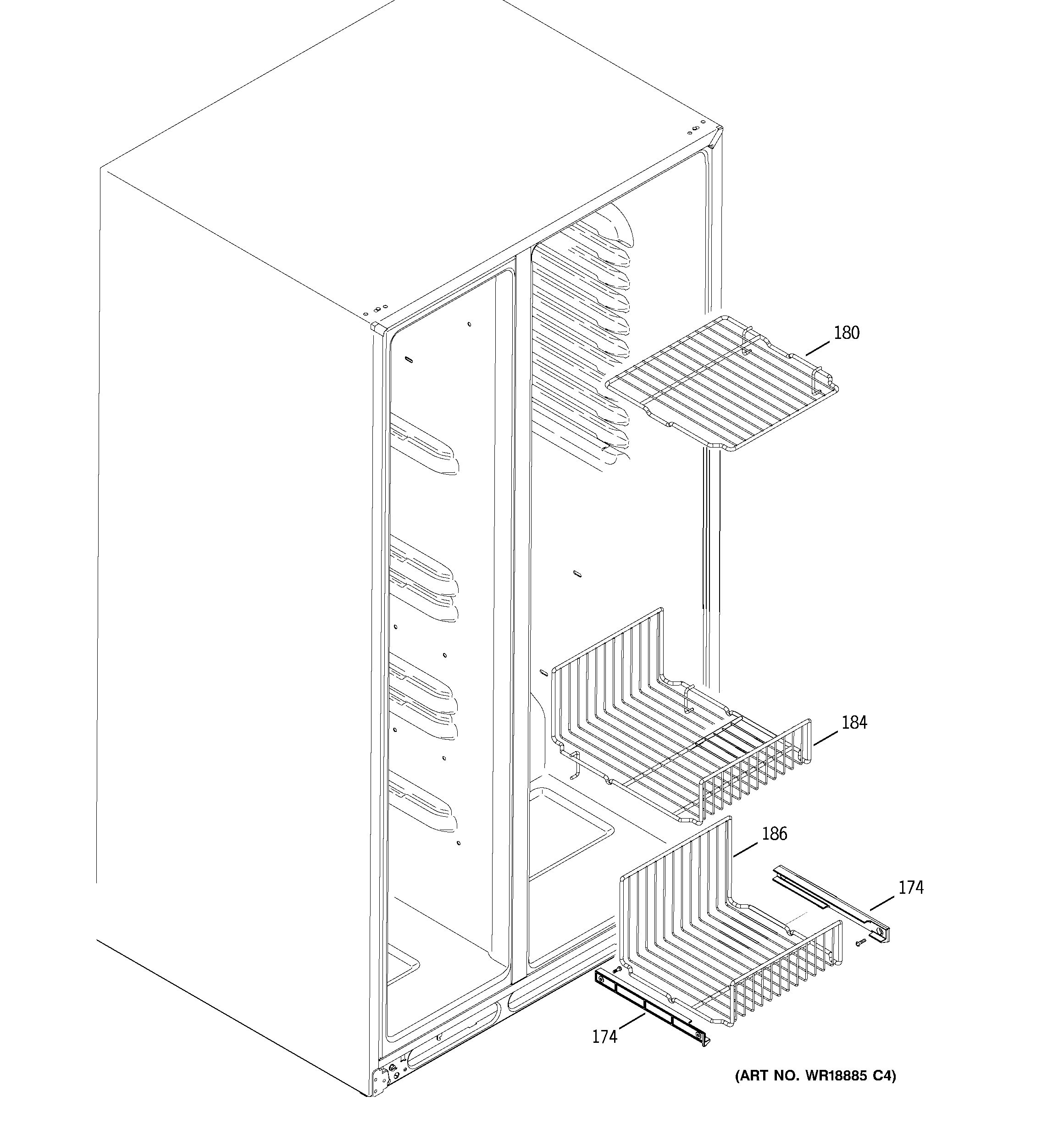 GE GSS25WGSBCC freezer shelves diagram