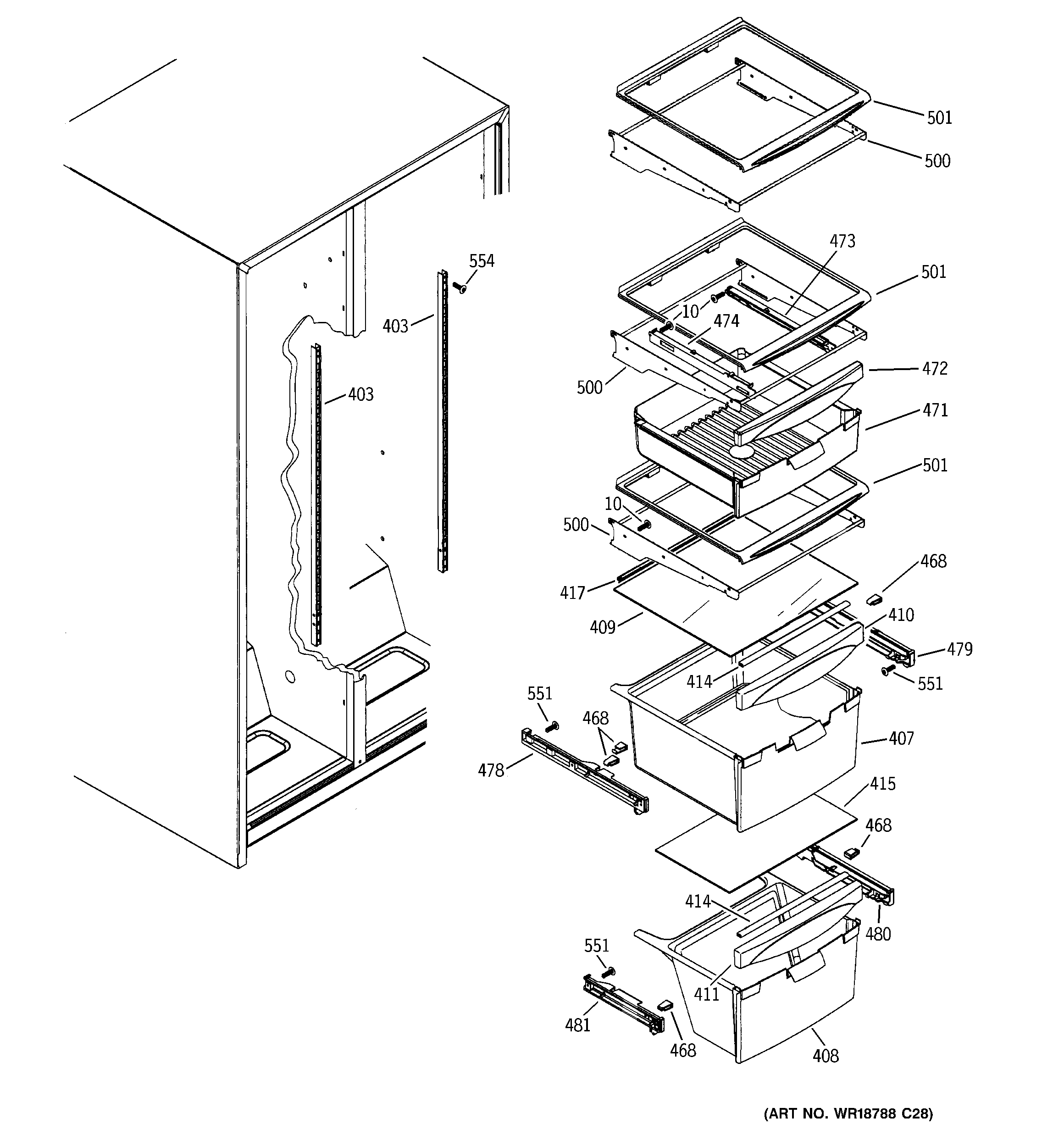 GE SSL25KFPJBS fresh food shelves diagram