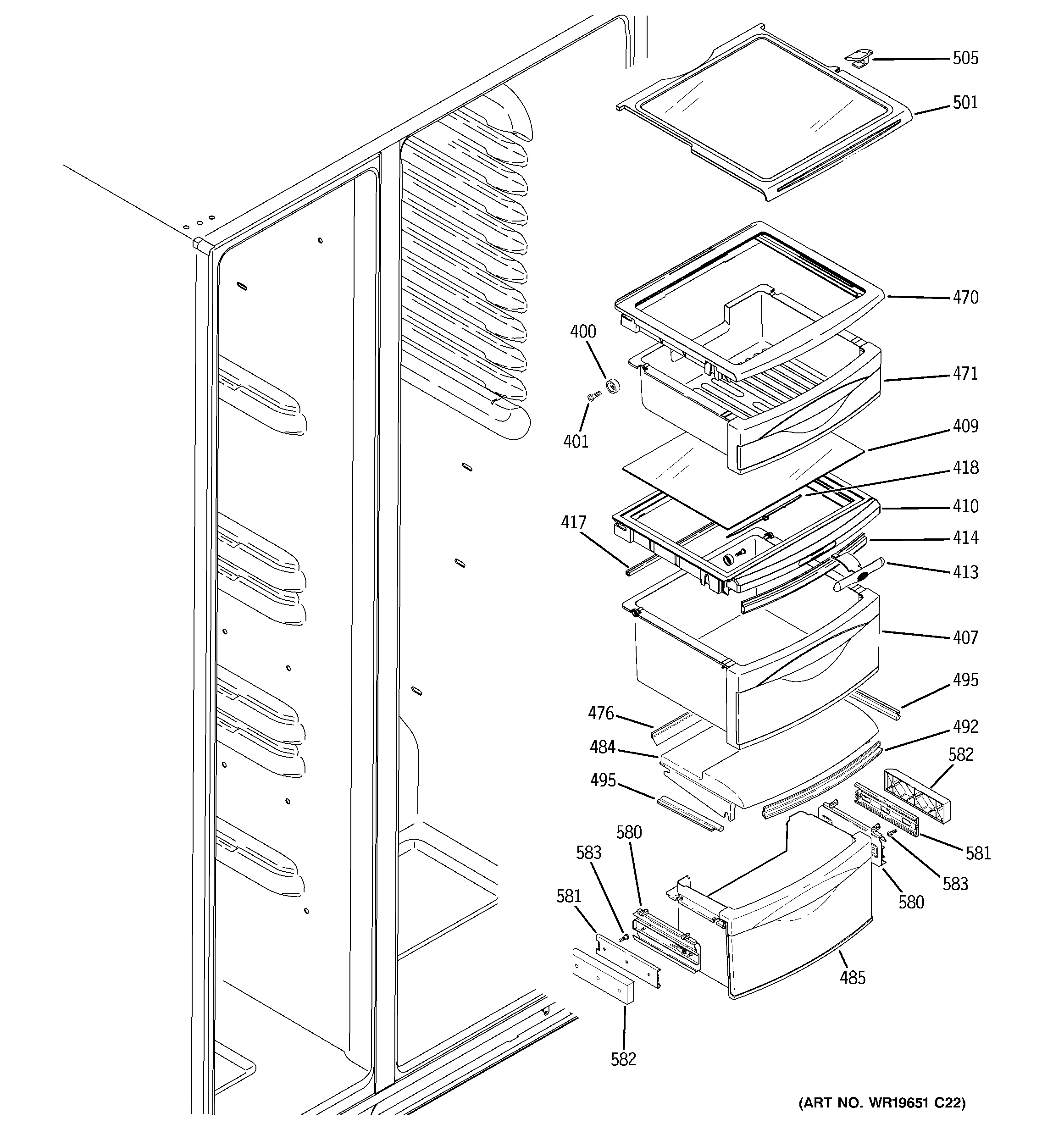 GE GCK23LASAFCC fresh food shelves diagram