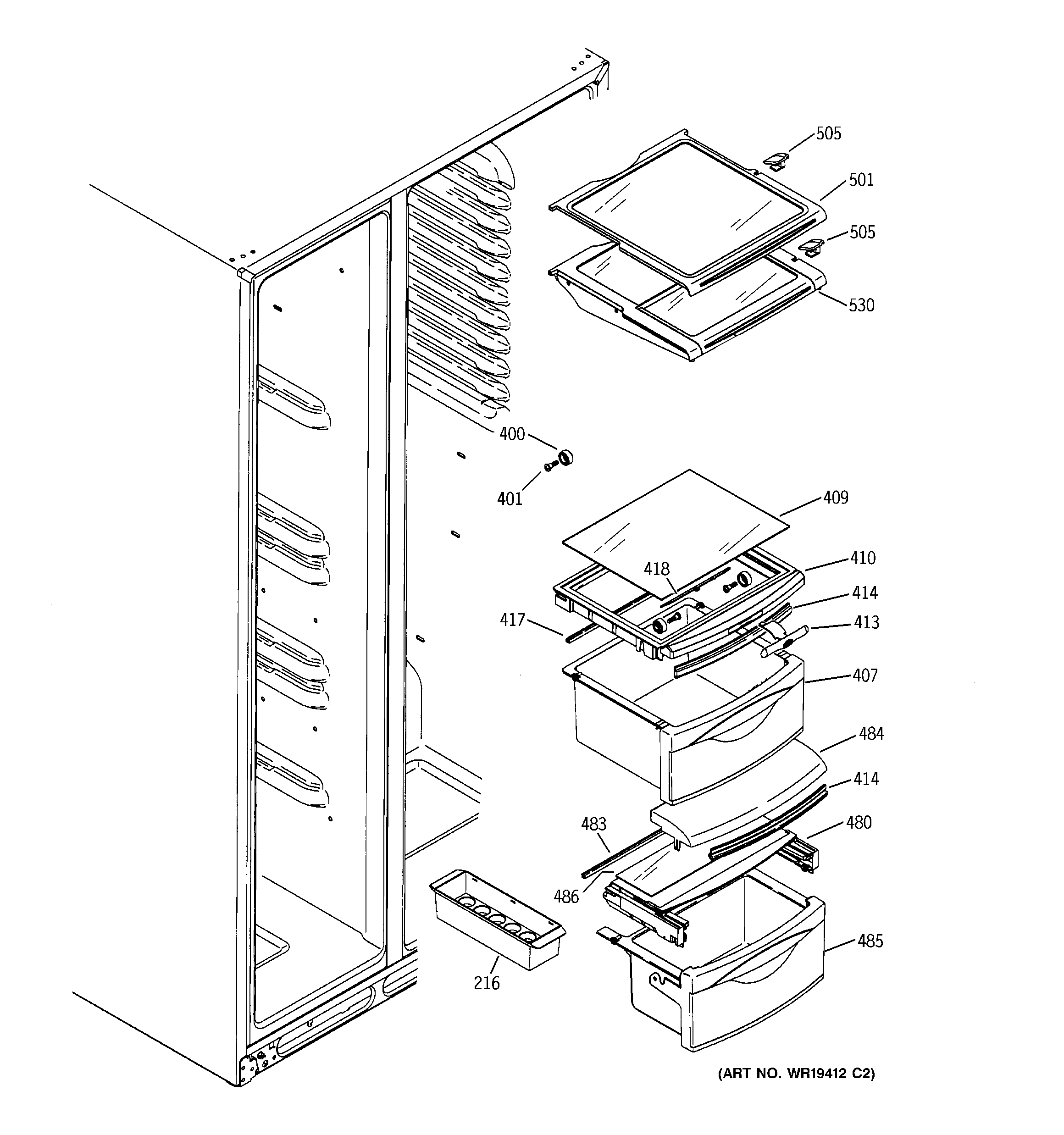 GE GSK25LASACCC fresh food shelves diagram