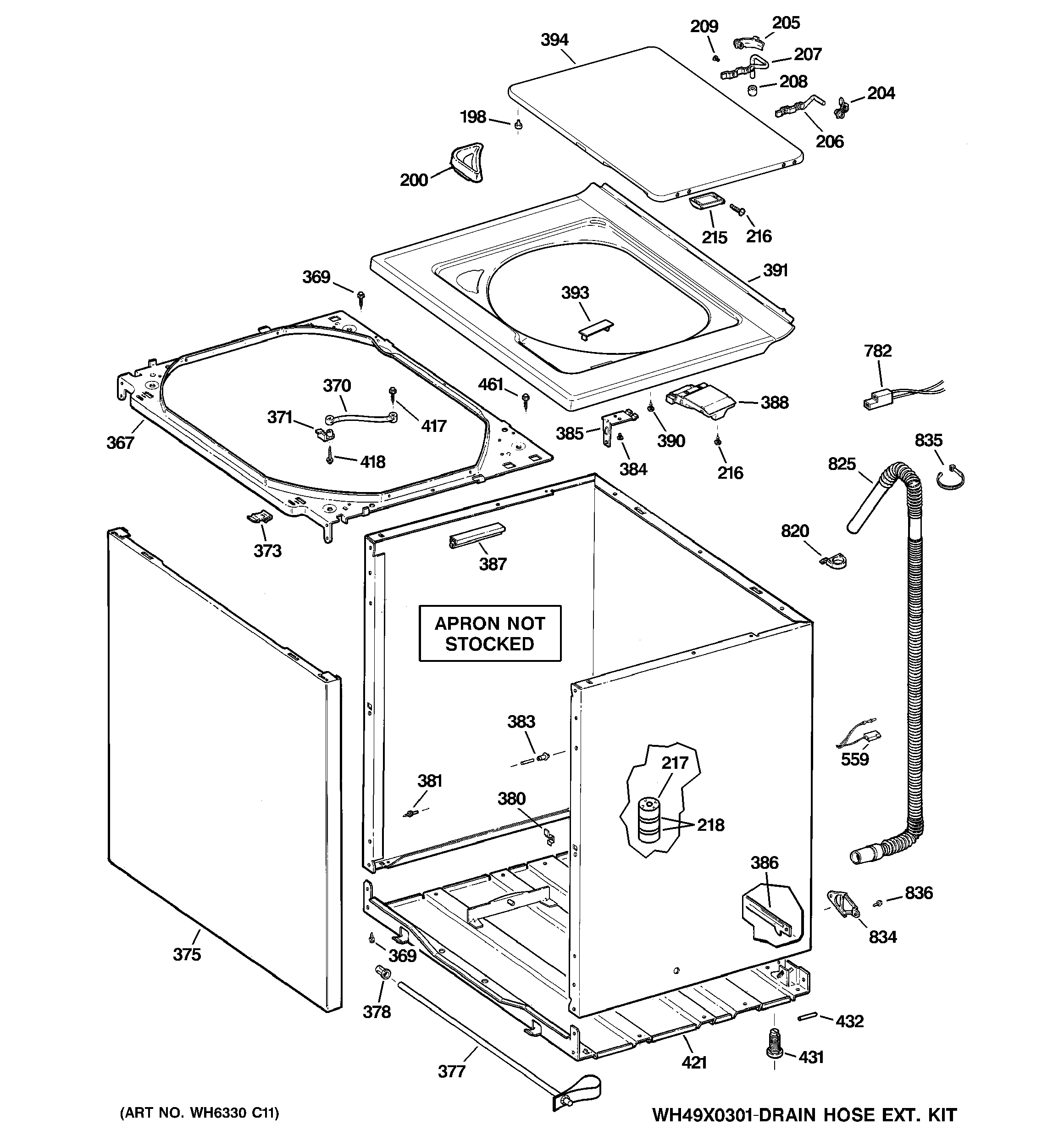 GE WSERR417F1WW cabinet, cover & front panel diagram