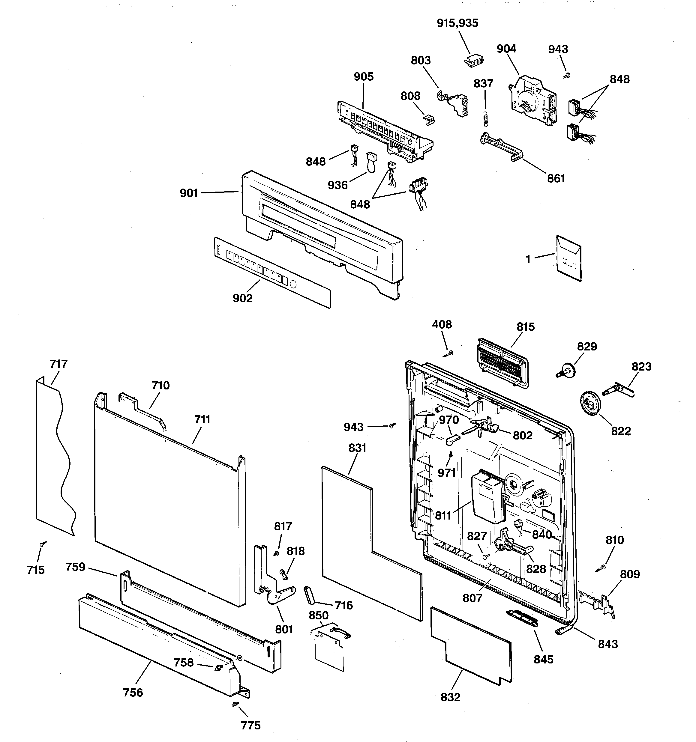 GE GSD5122F02BB escutcheon & door assembly diagram