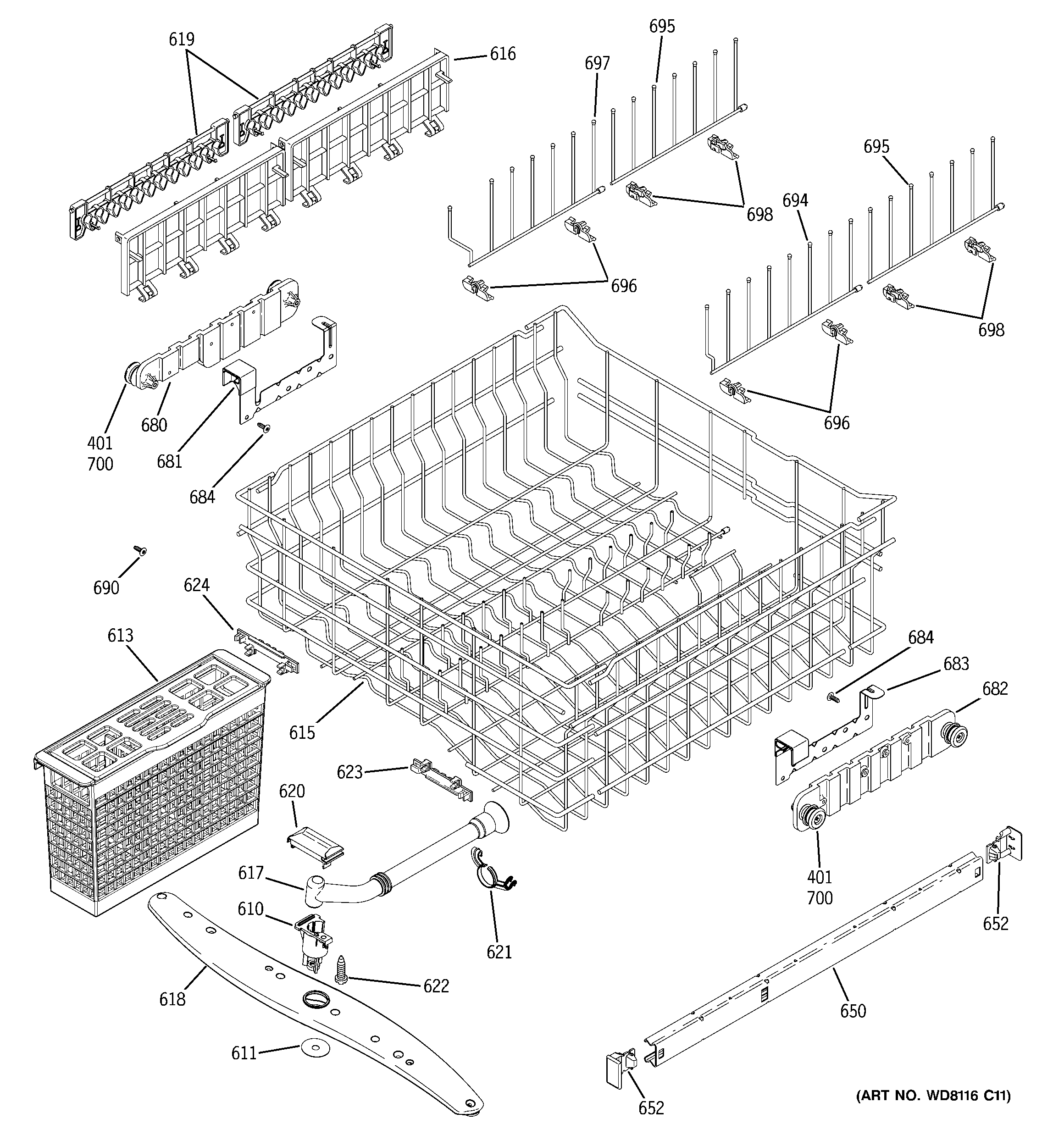 GE PDW7700J10WW upper rack assembly diagram