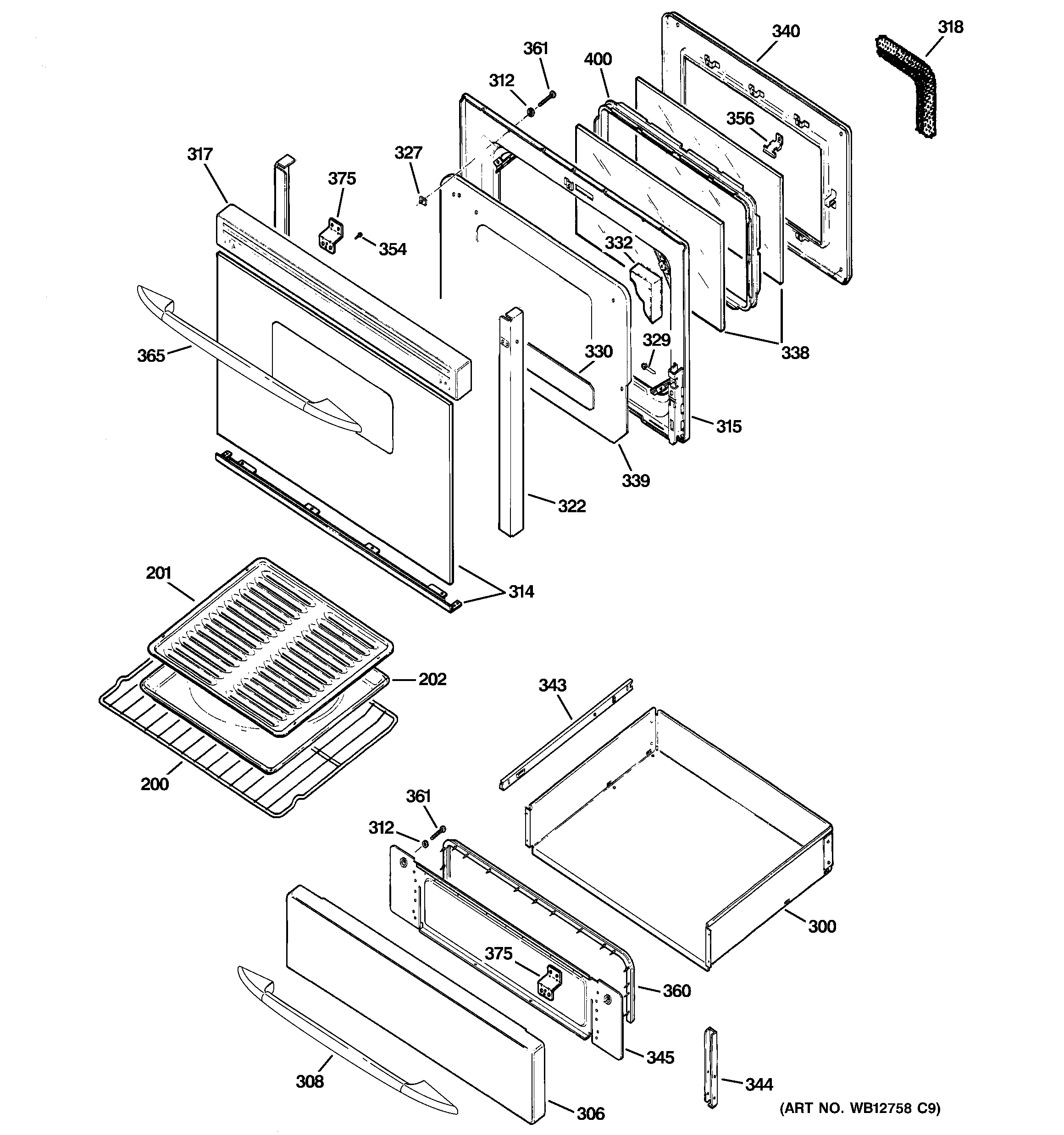 GE JGB908SEK4SS door & drawer parts diagram