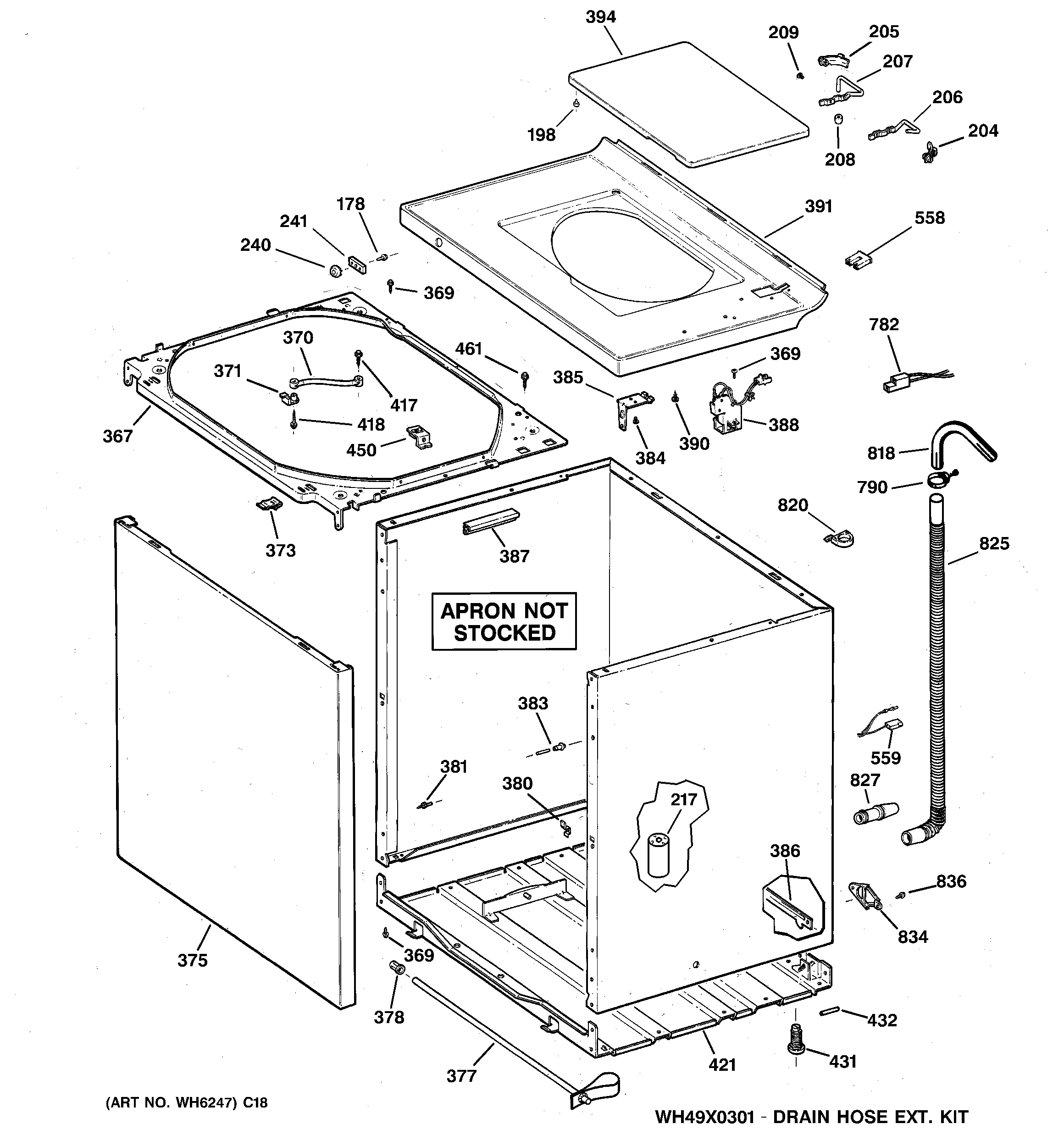 GE WCRD2050F2WC cabinet, cover & front panel diagram