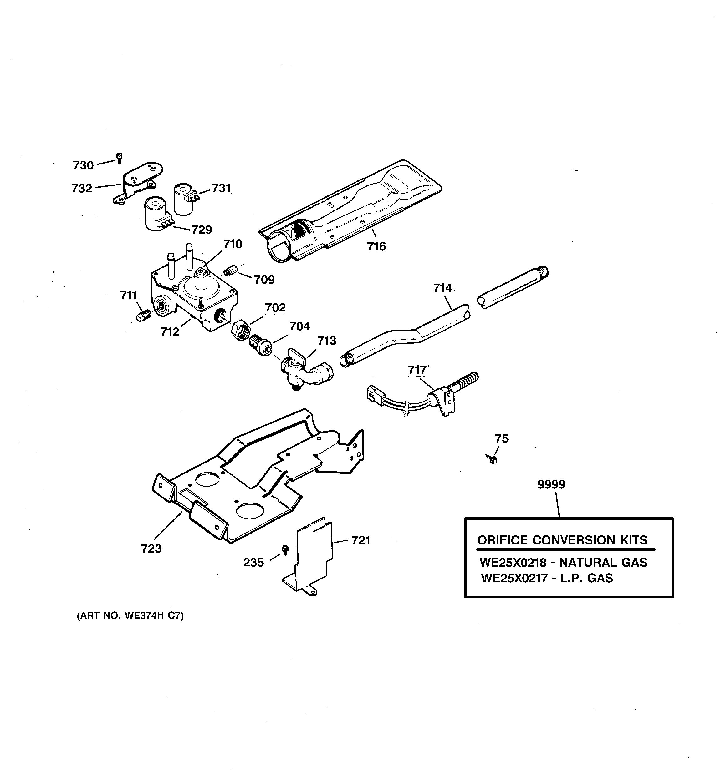 GE DBXR463GD0CC gas valve & burner assembly diagram