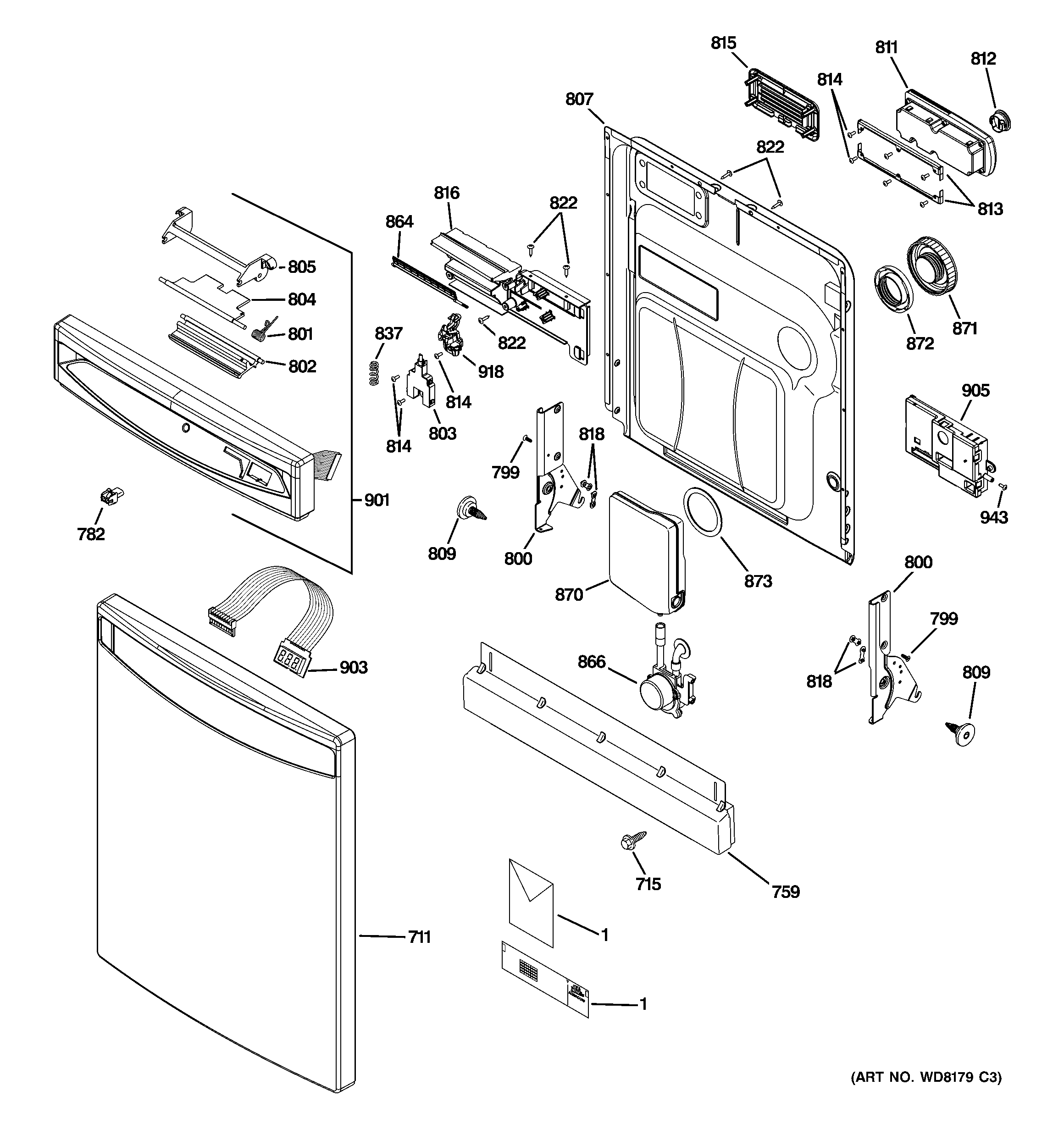 GE PDW8980L00SS escutcheon & door assembly diagram