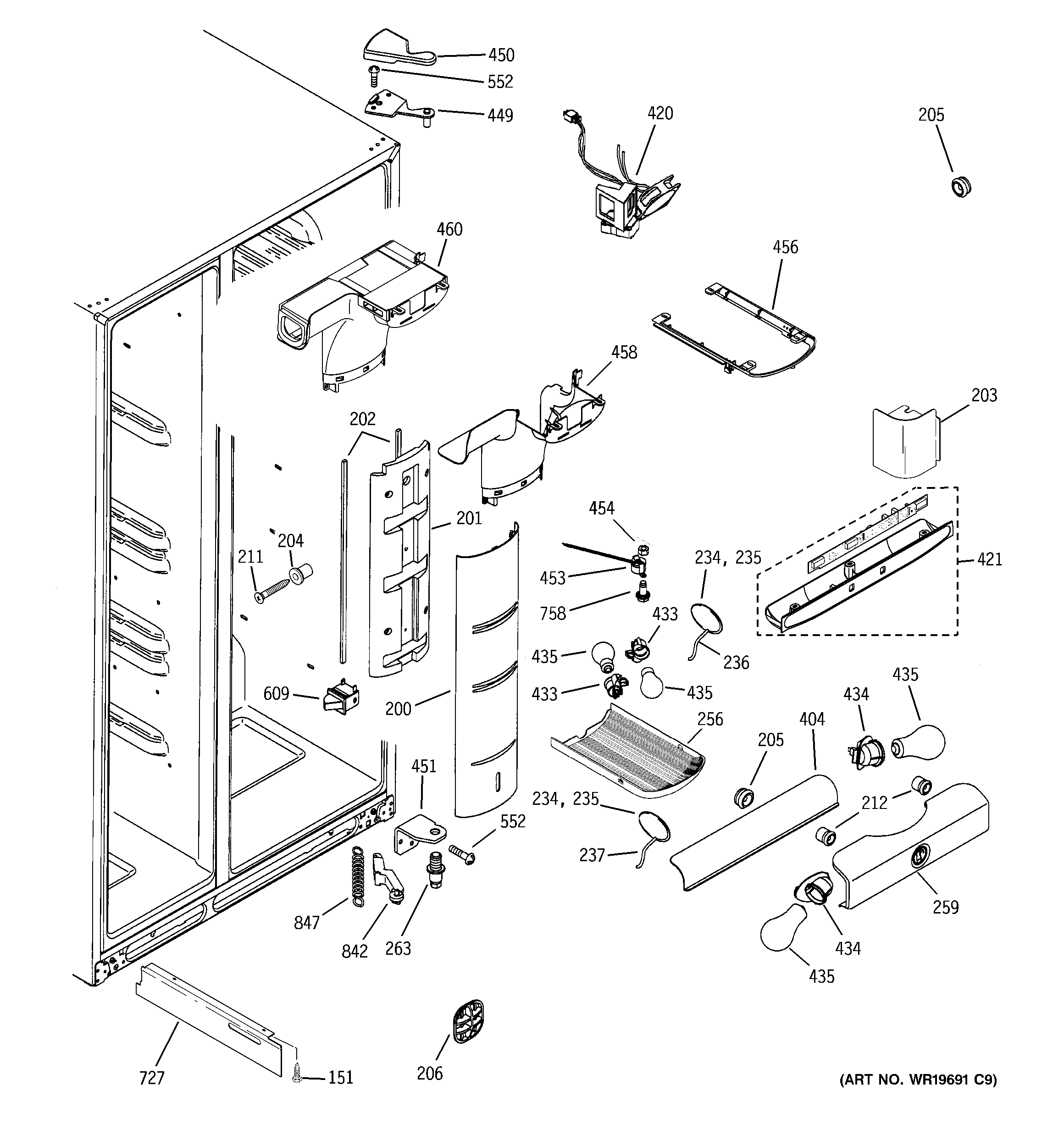 GE GSX25YBSBCWW fresh food section diagram
