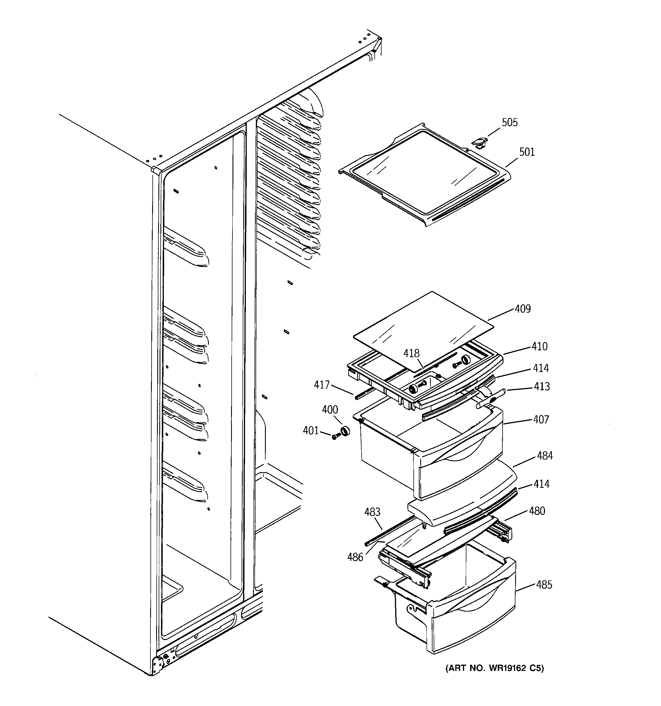 GE GSX25YBSBCWW fresh food shelves diagram