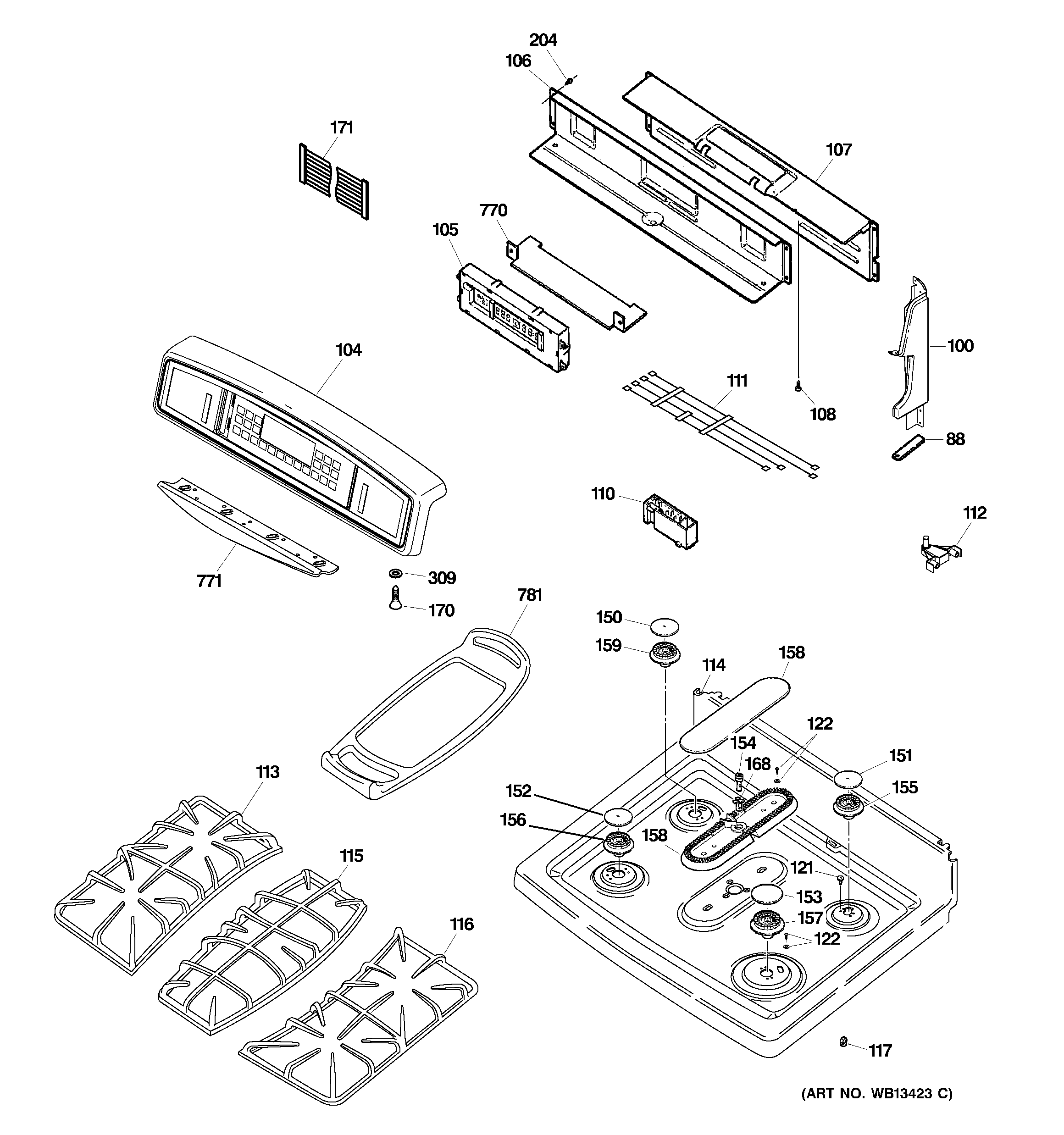 GE JGB918BEK4BB control panel & cooktop diagram