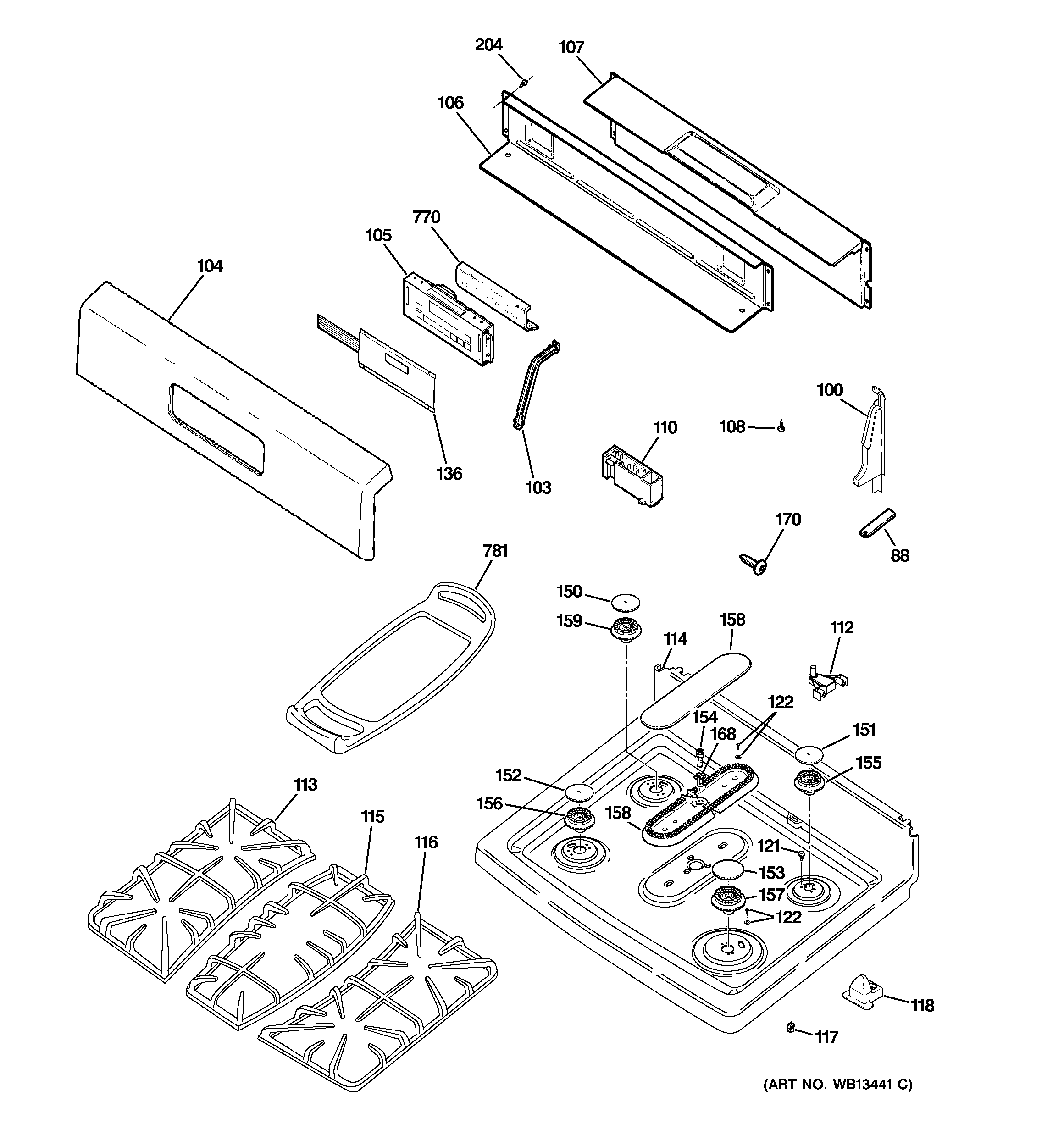 GE JGBP87WEK2WW control panel & cooktop diagram