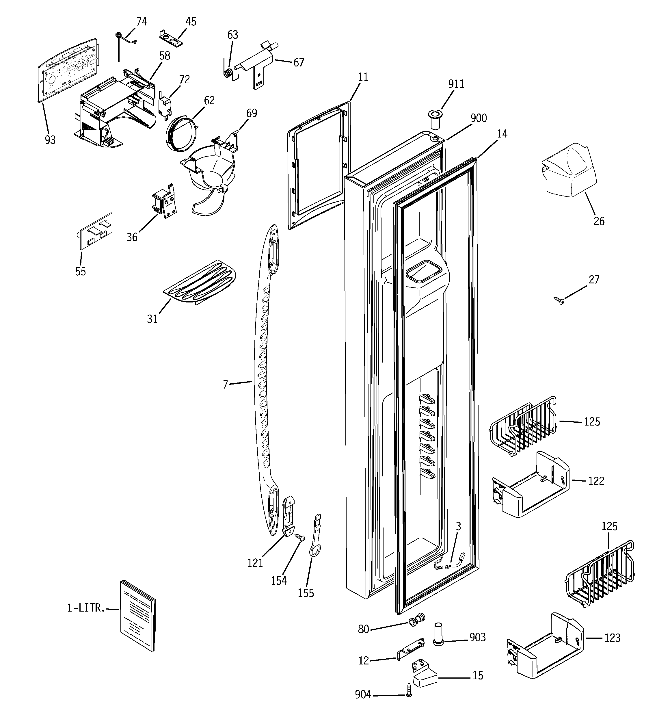 GE PCF25PGSBCC freezer door diagram