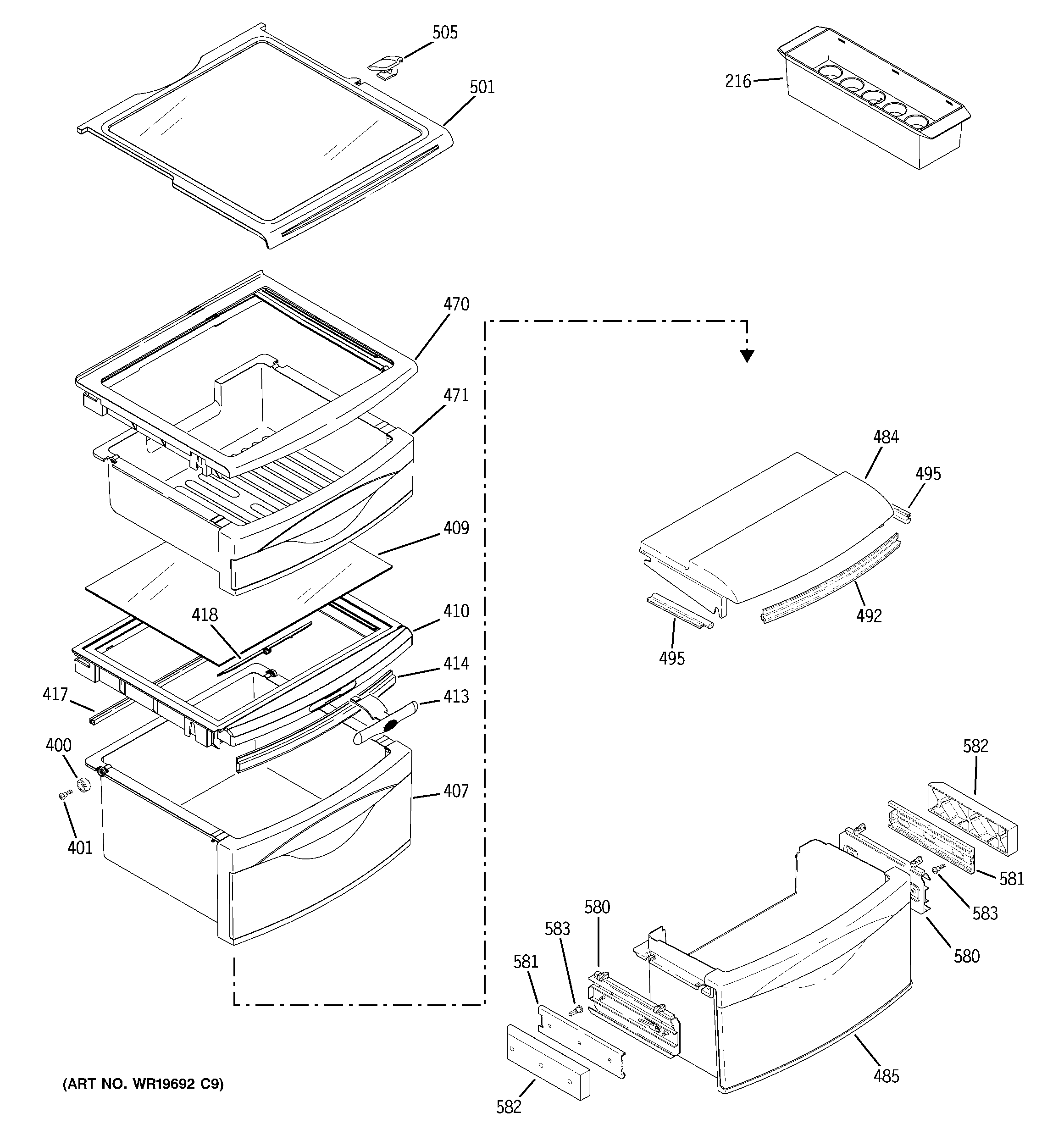 GE GSG25MISBCWW fresh food shelves diagram