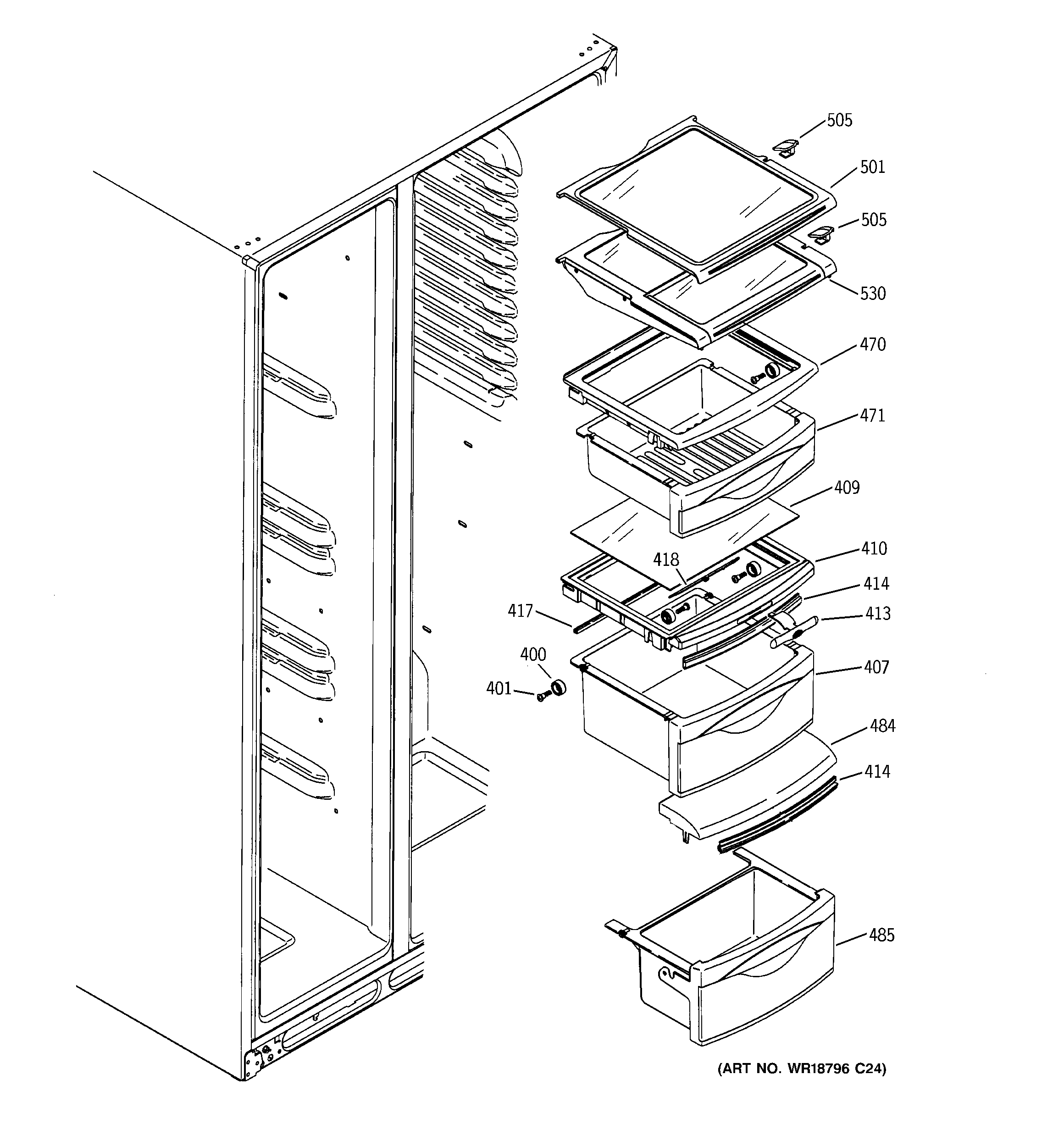 GE PSS26MGSCBB fresh food shelves diagram