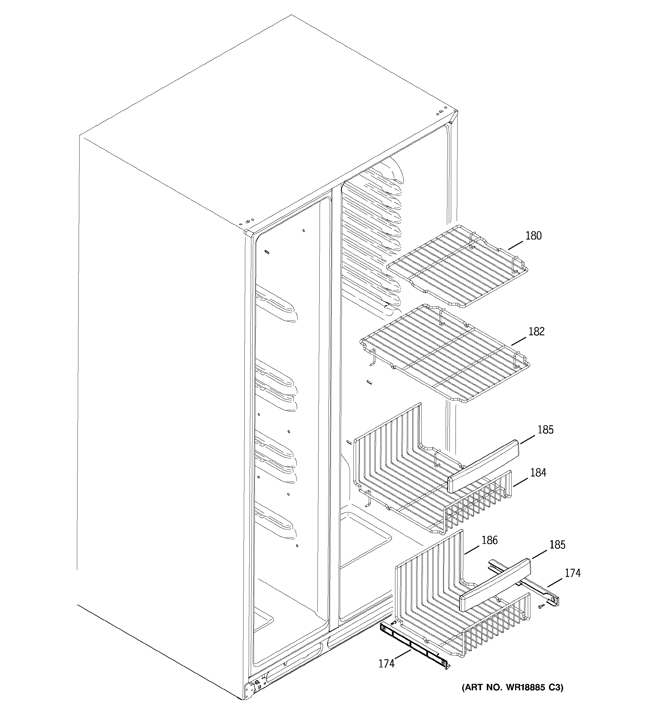 GE PSR26LSRESS freezer shelves diagram
