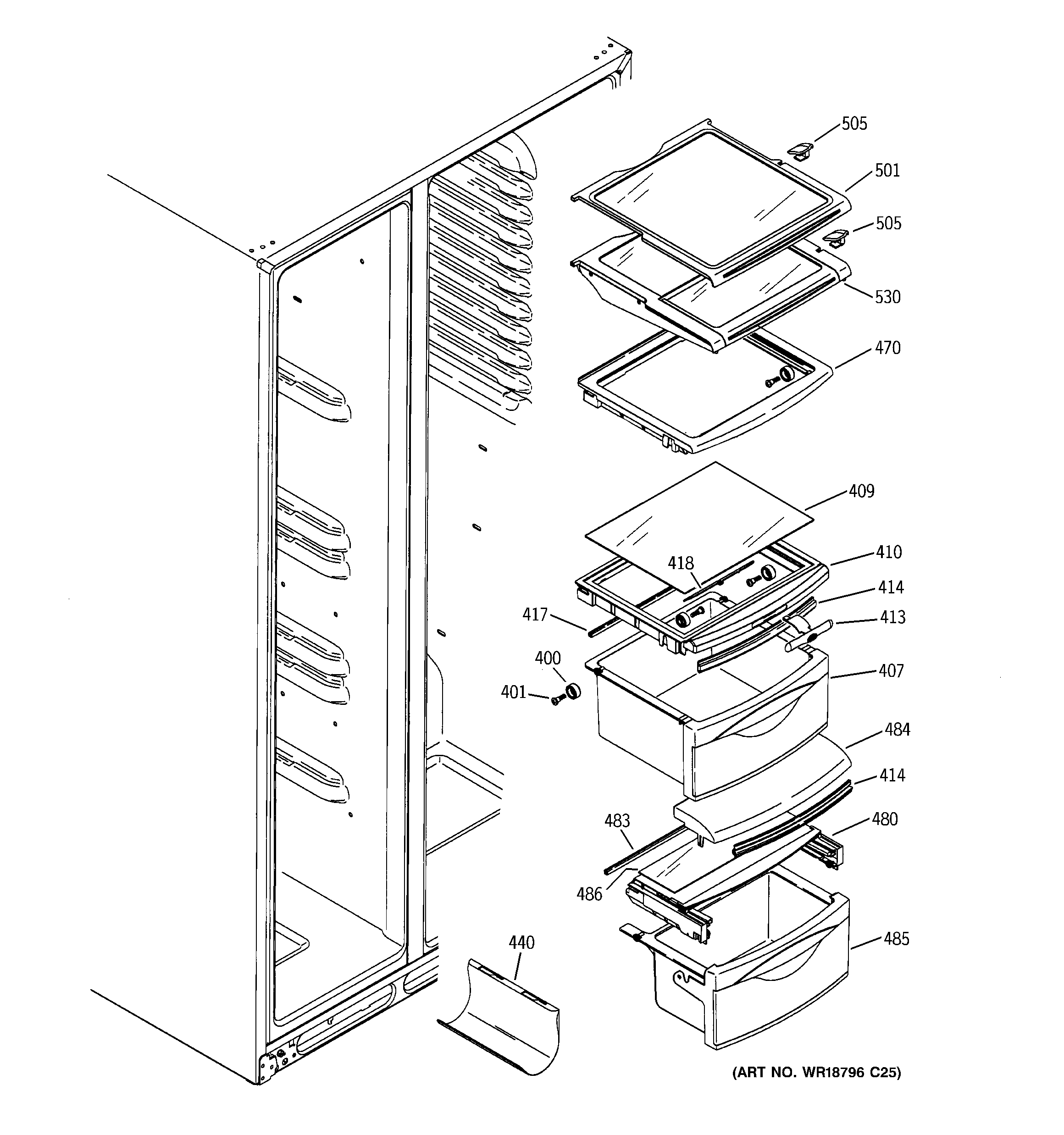 GE PSW26LSRESS fresh food shelves diagram