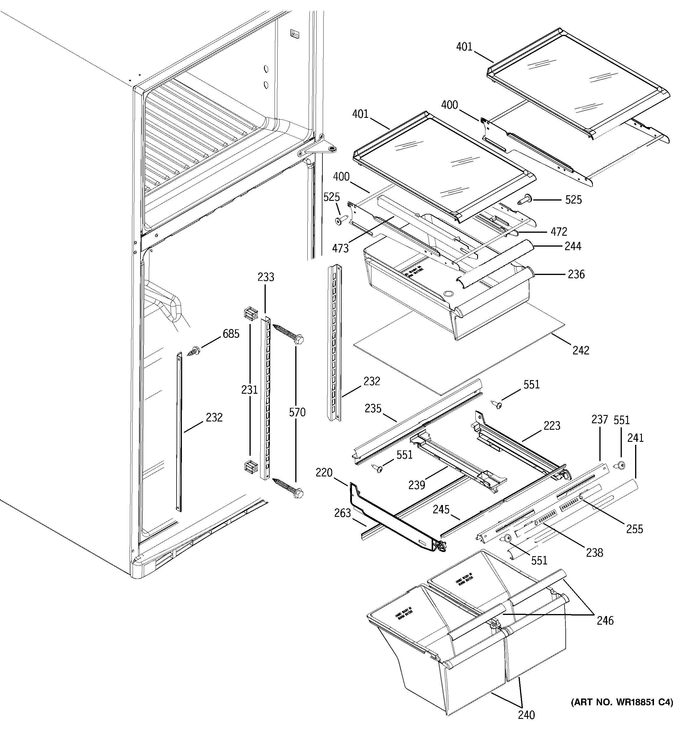 GE ETL18XBPERBS fresh food shelves diagram