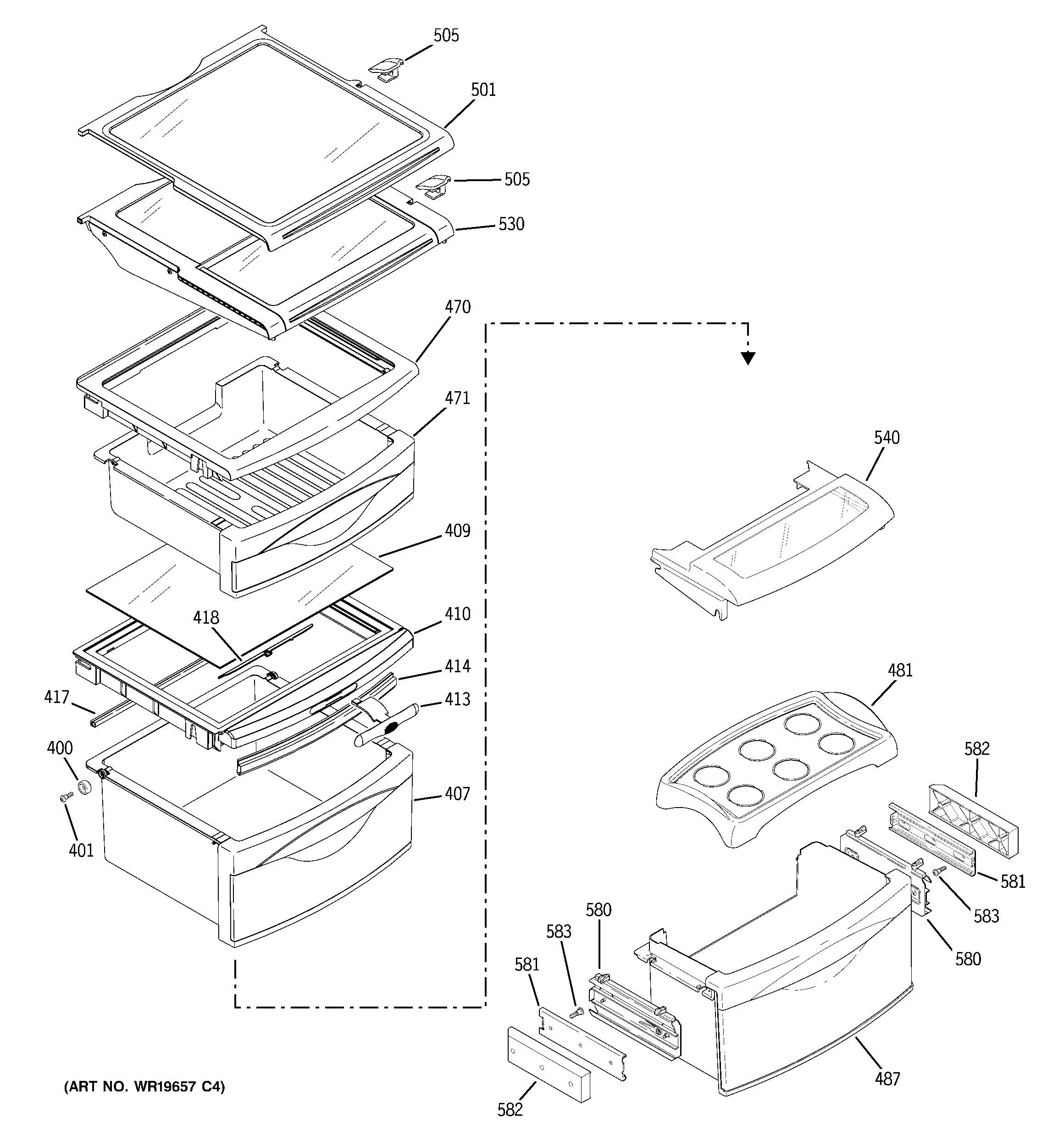 GE ZFSB23DRGSS fresh food shelves diagram