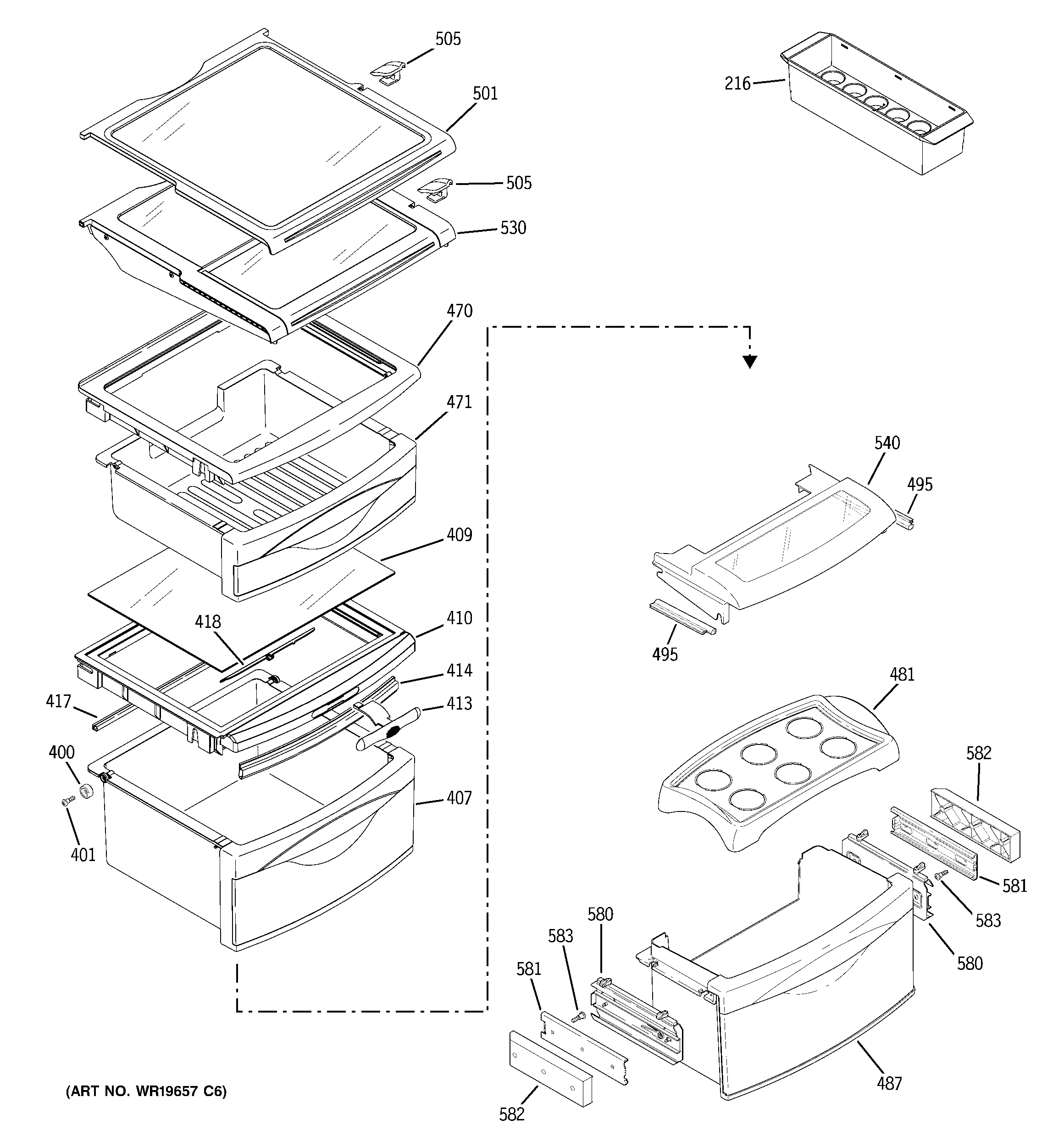 GE PSK25NGSBCWW fresh food shelves diagram