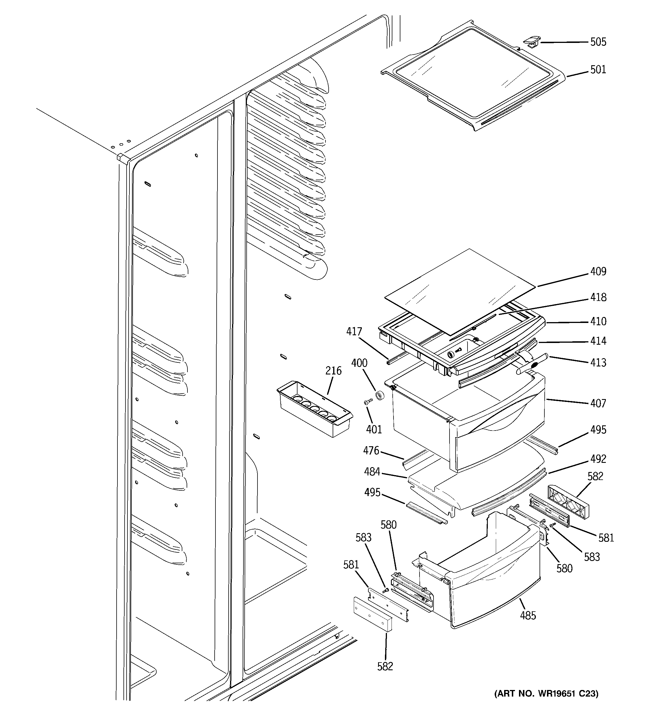 GE GCK23LASBFCC fresh food shelves diagram