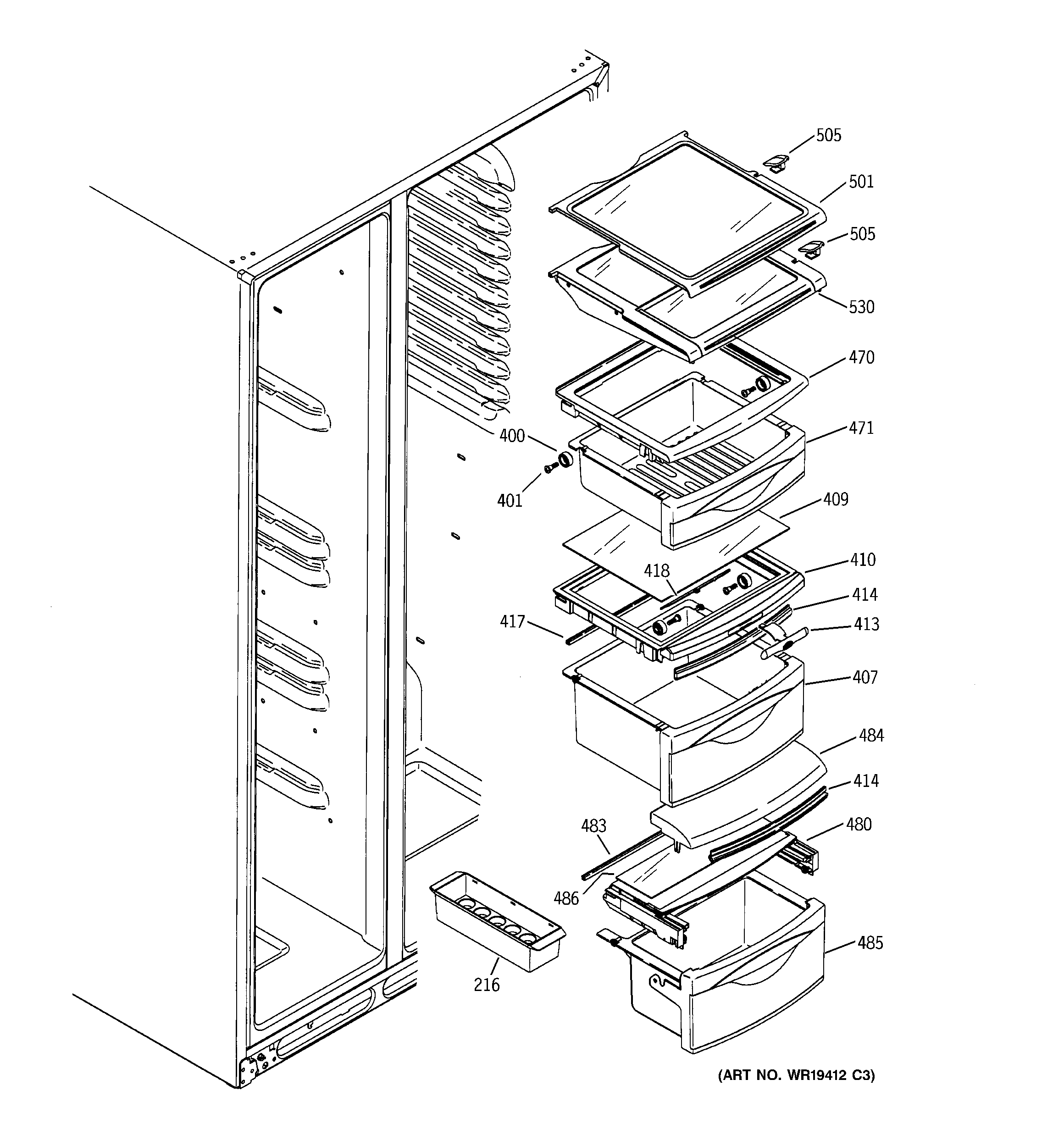 RCA RSK25LHRCCCC fresh food shelves diagram