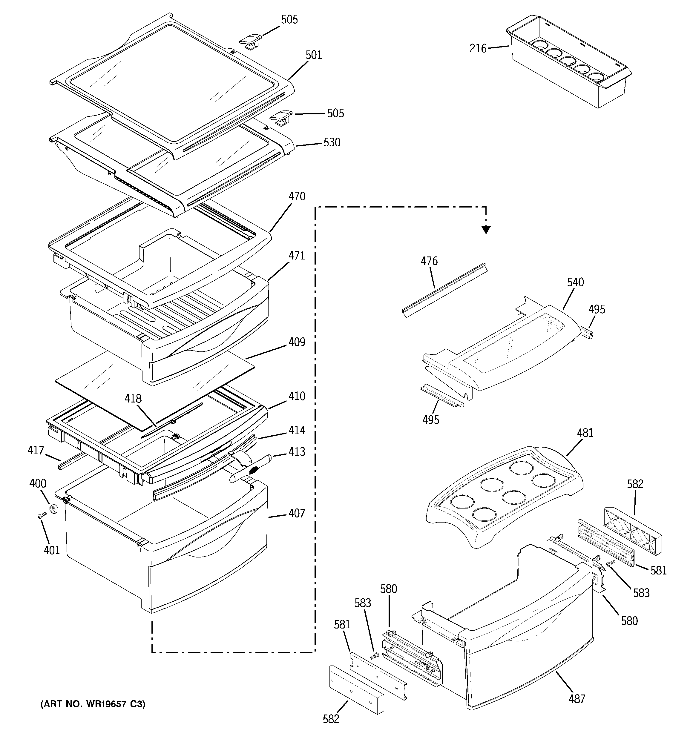 RCA RSK27NGMKCCC fresh food shelves diagram