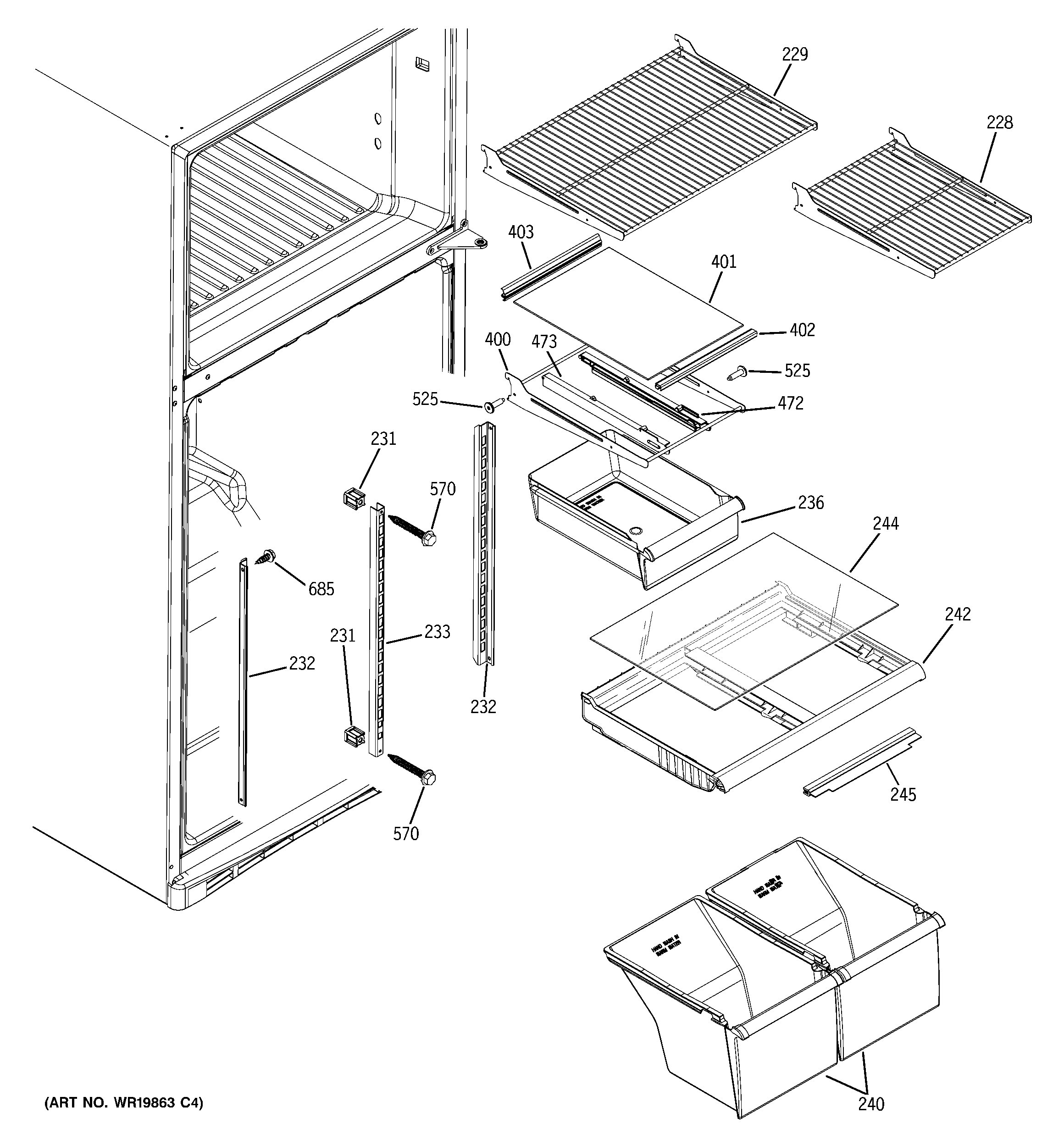 GE GTH18DBROLCC fresh food shelves diagram