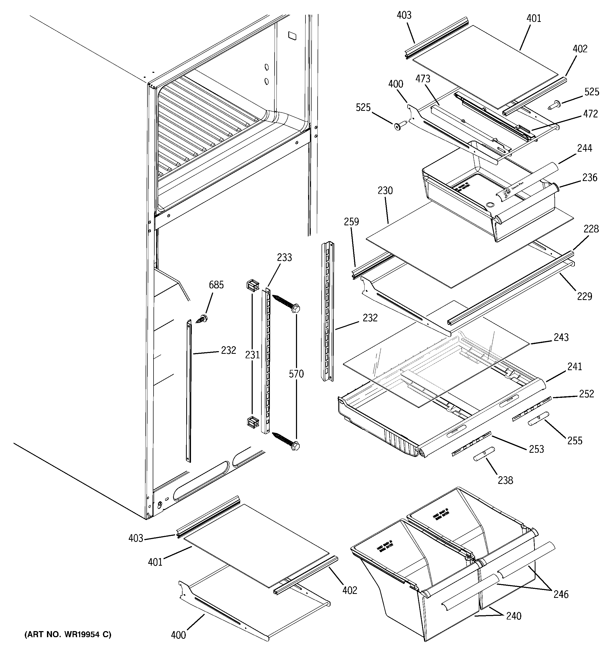 GE DTH18ZBSORWW fresh food shelves diagram