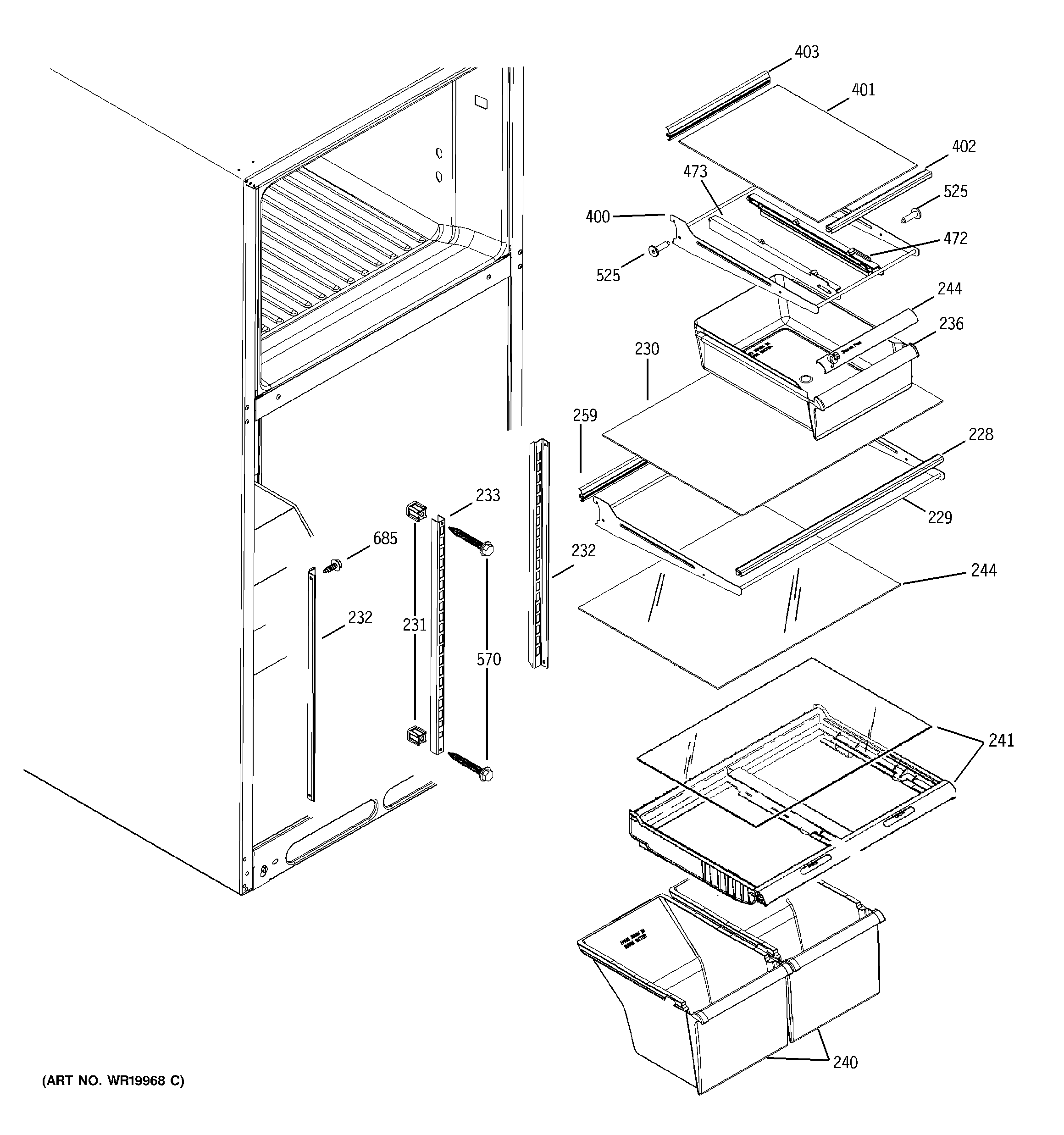 GE STS18ZBPRRWW fresh food shelves diagram