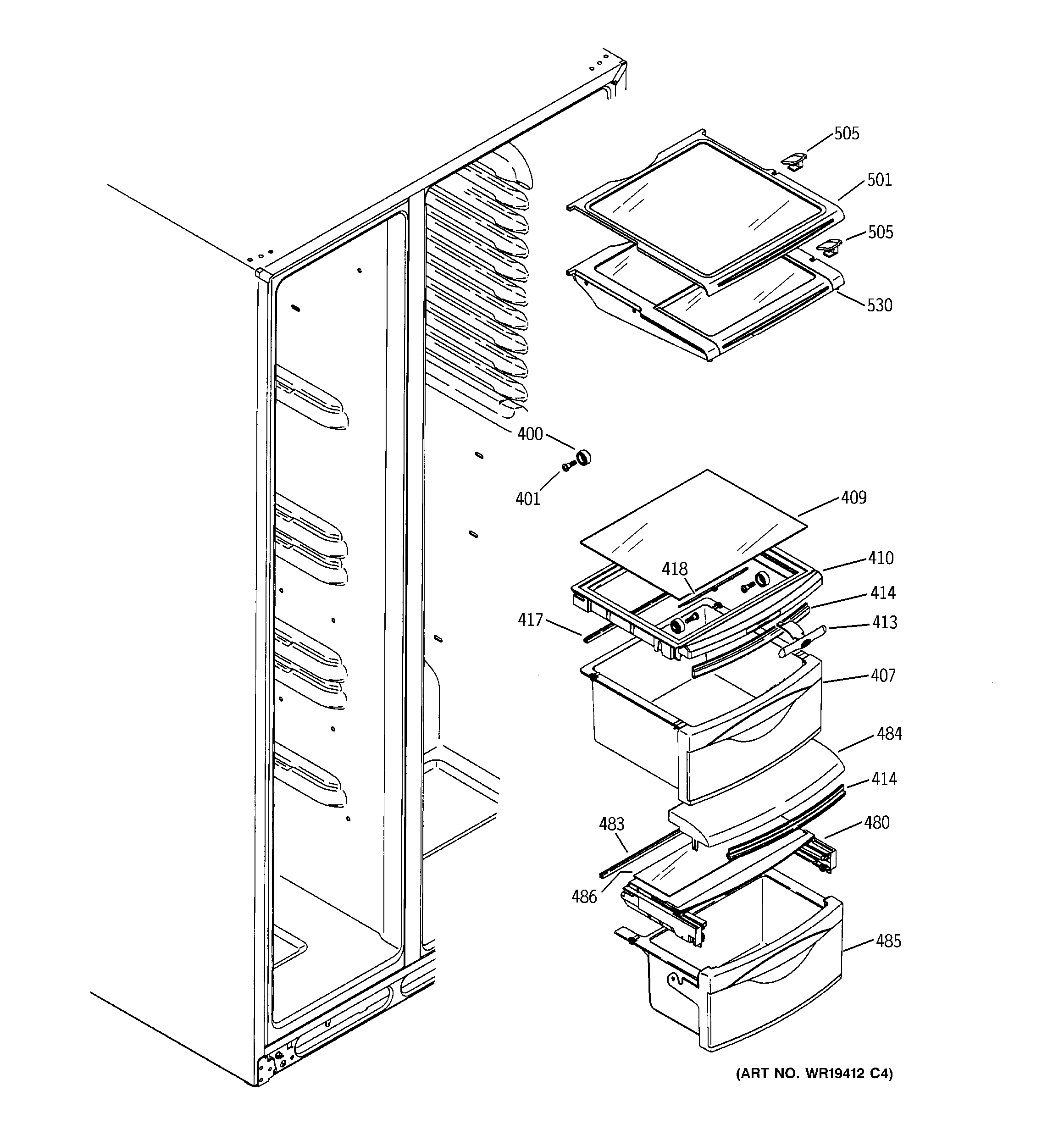 RCA RSK25LAPCCCC fresh food shelves diagram