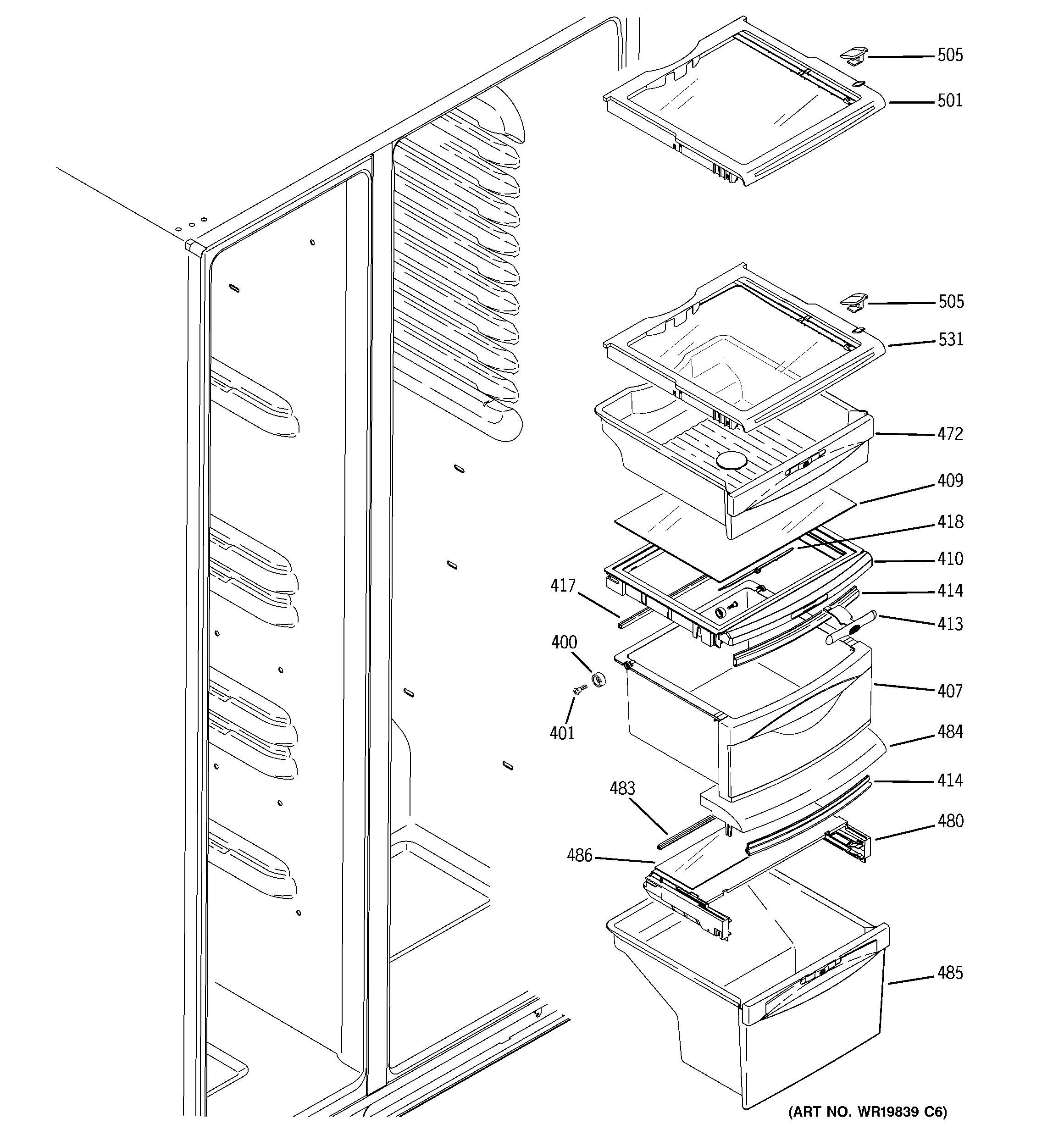 GE GSR23WSSASS fresh food shelves diagram