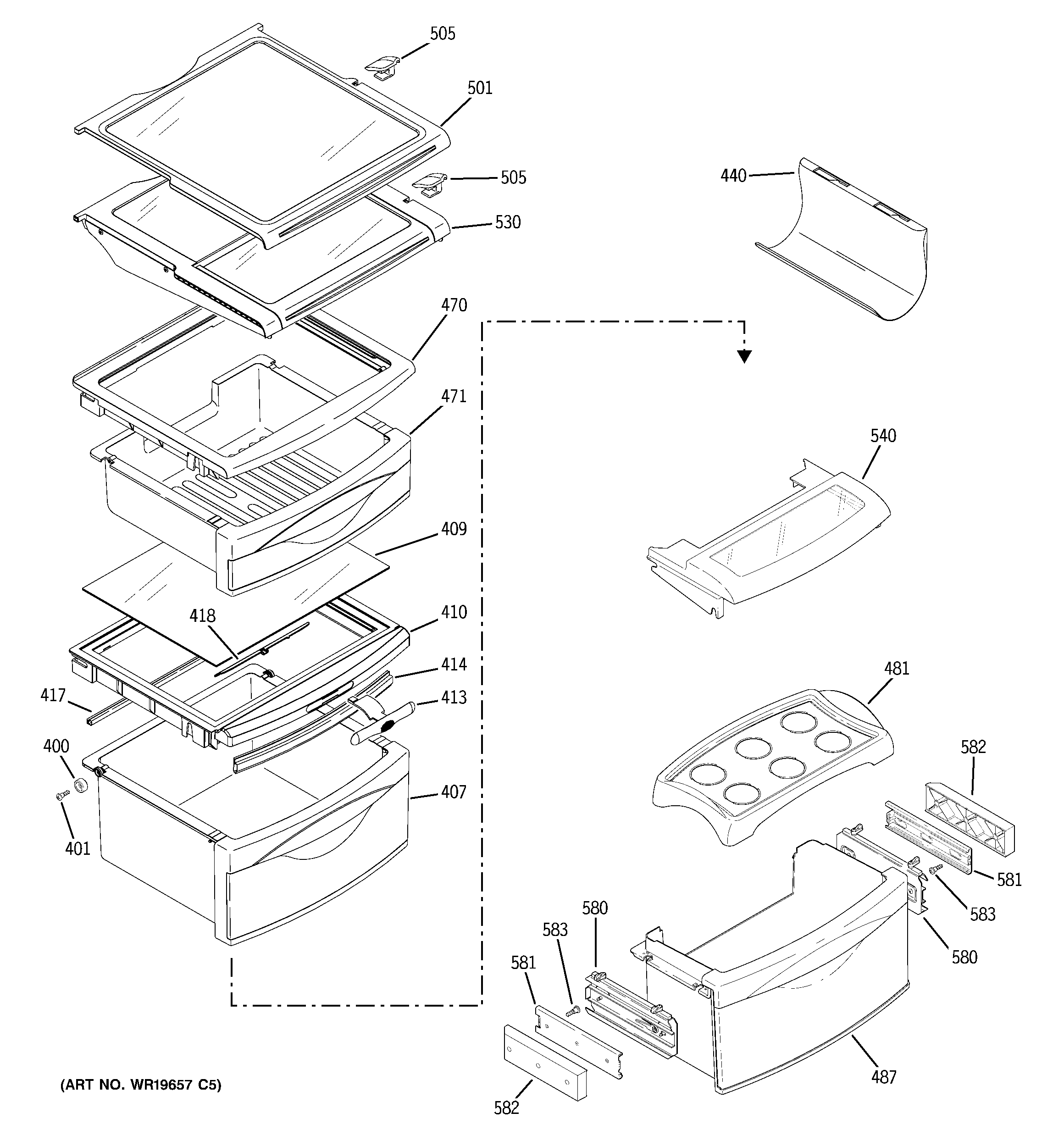 GE PCT23SHRDSS fresh food shelves diagram