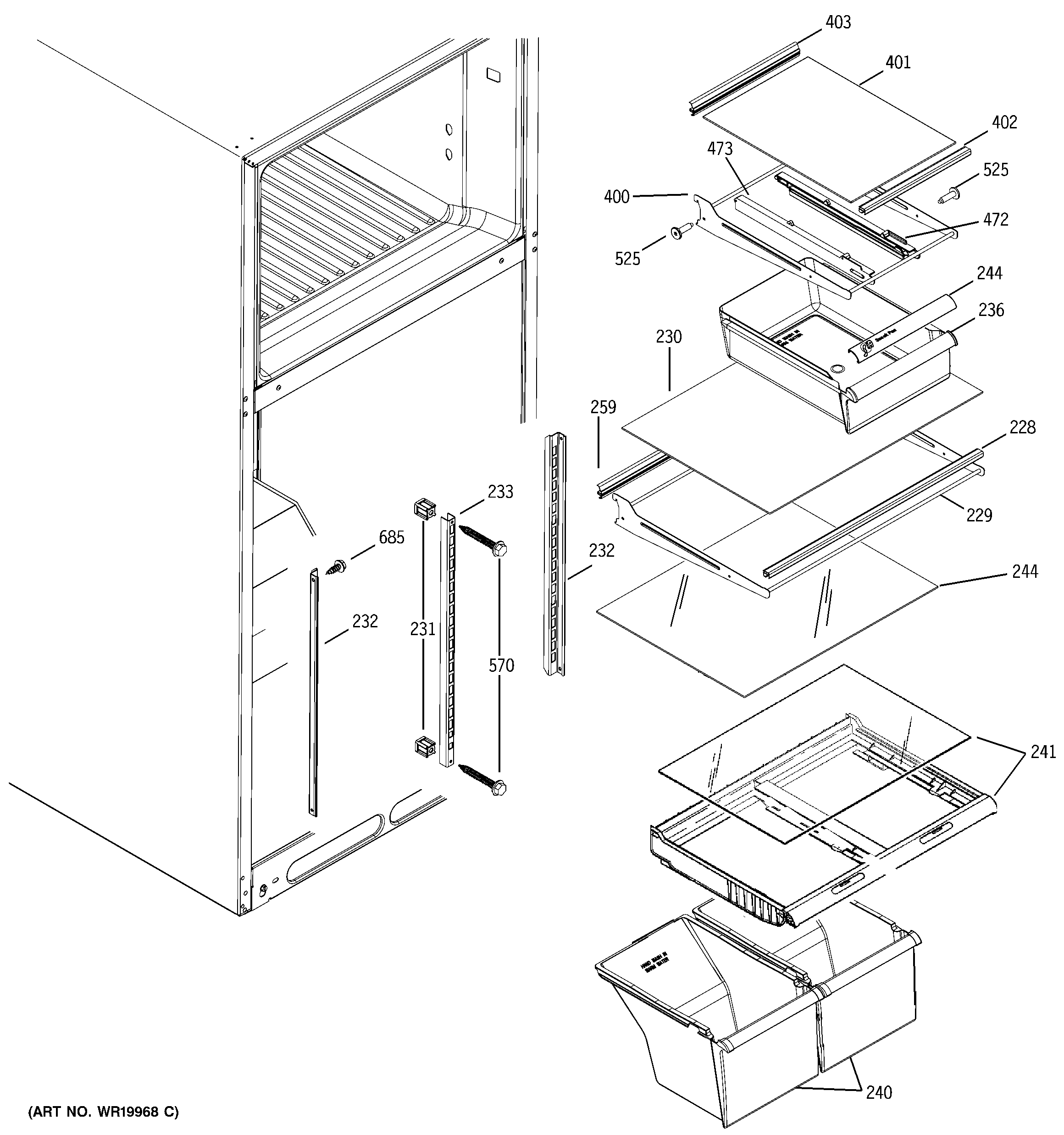 GE STS18ZCPRRWW fresh food shelves diagram