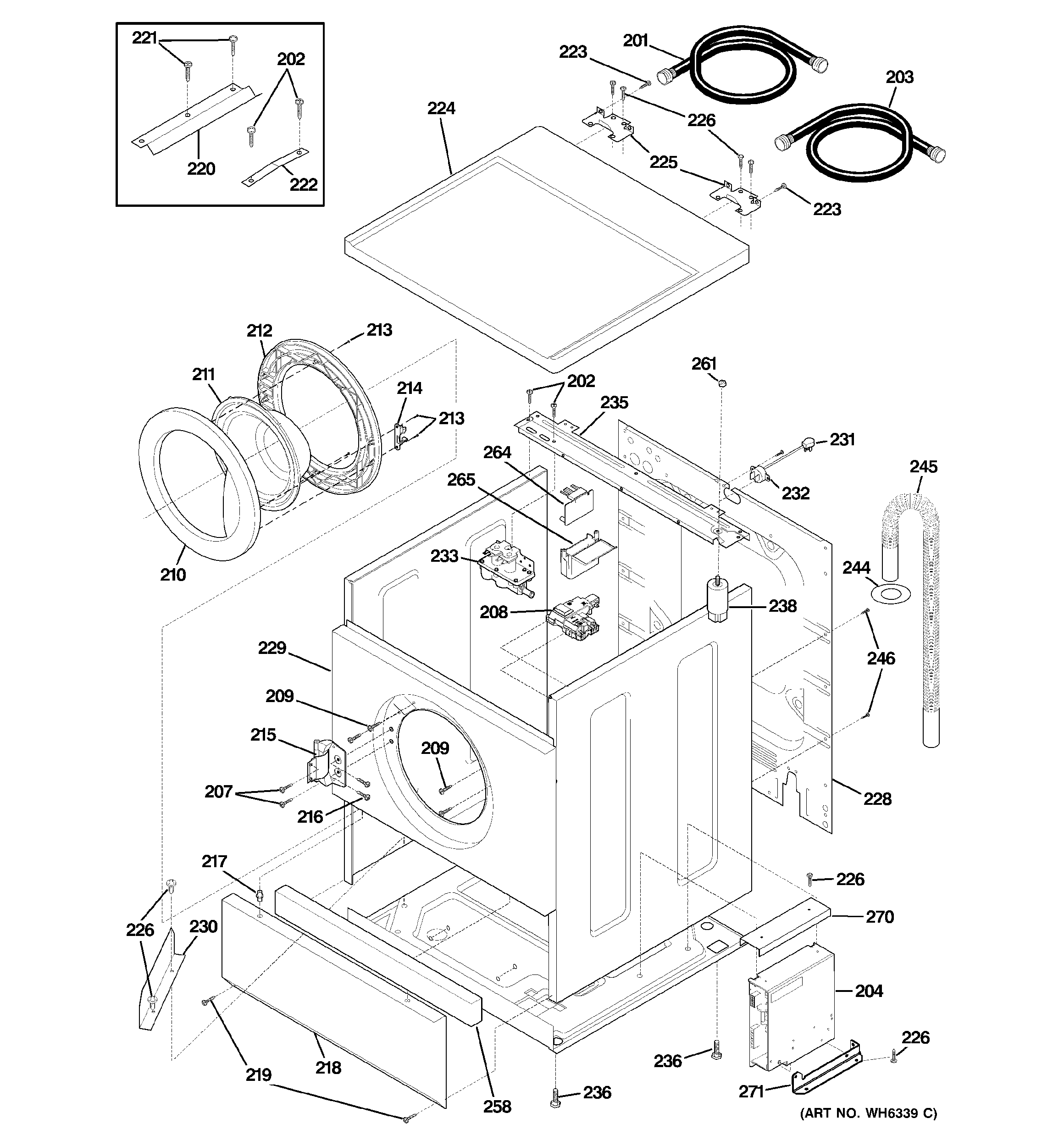 GE WPXH214F0WW cabinet, door & top diagram