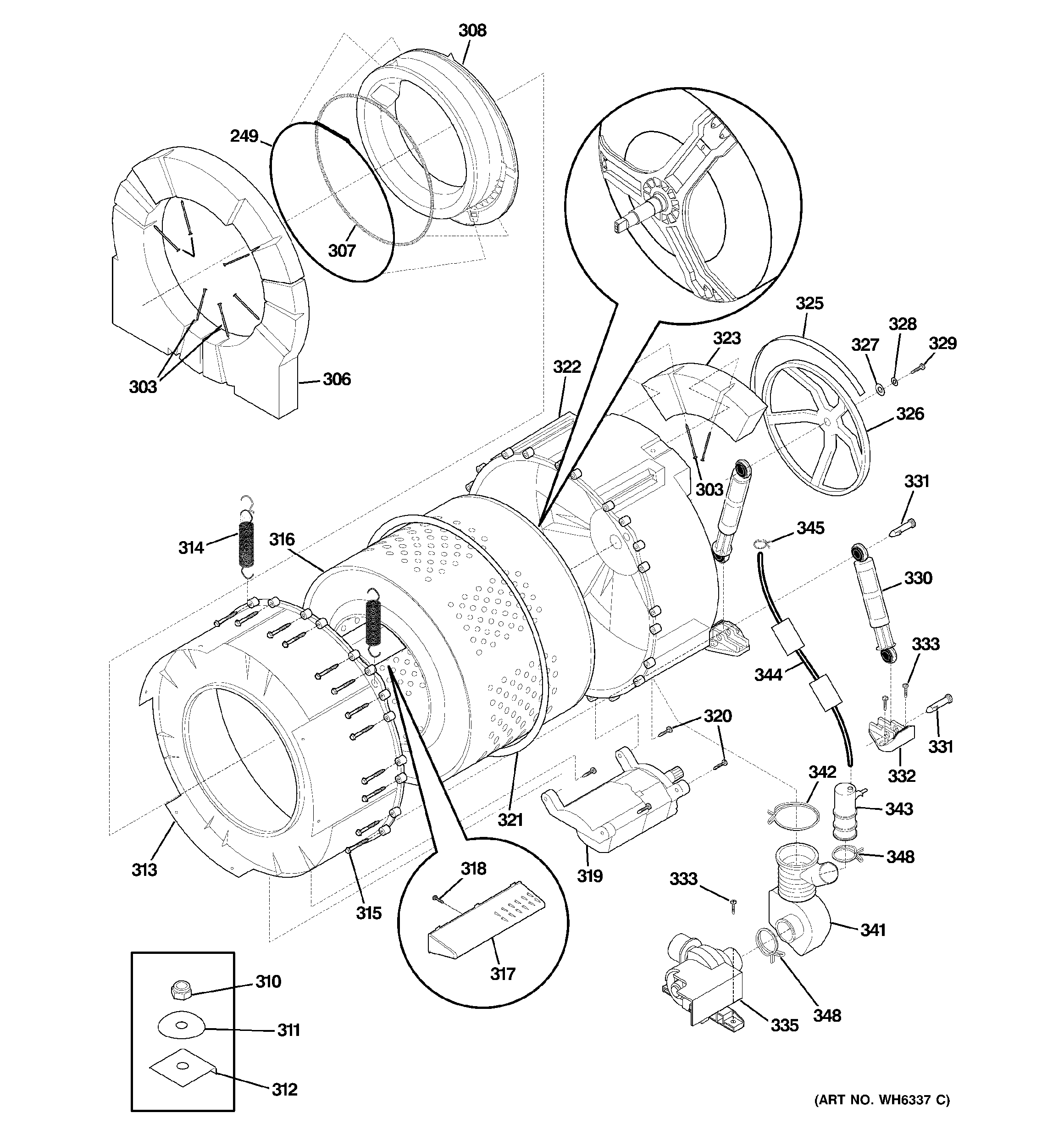 GE WPXH214F0WW tub & motor diagram