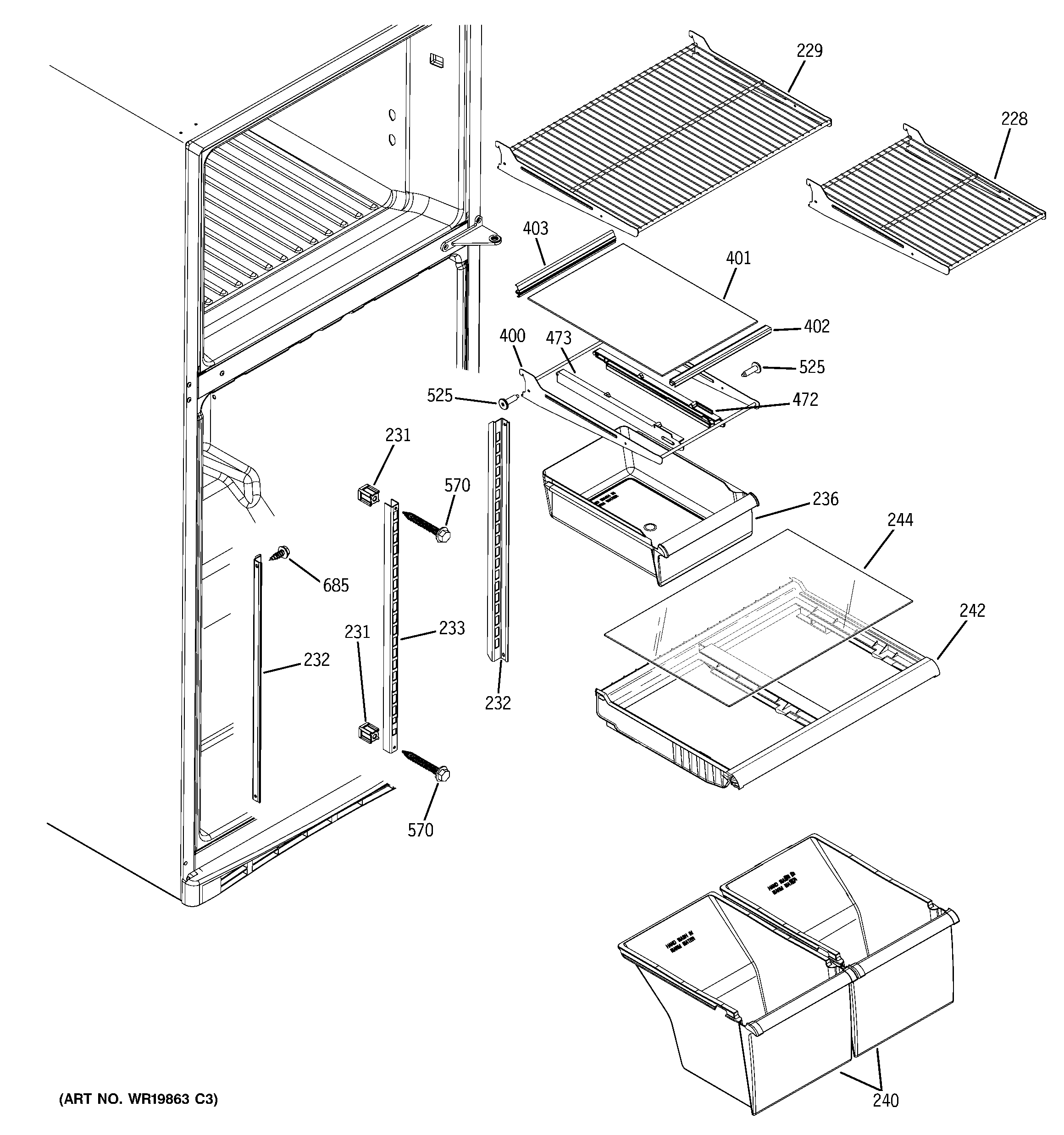 GE GTS18DBPMLCC fresh food shelves diagram