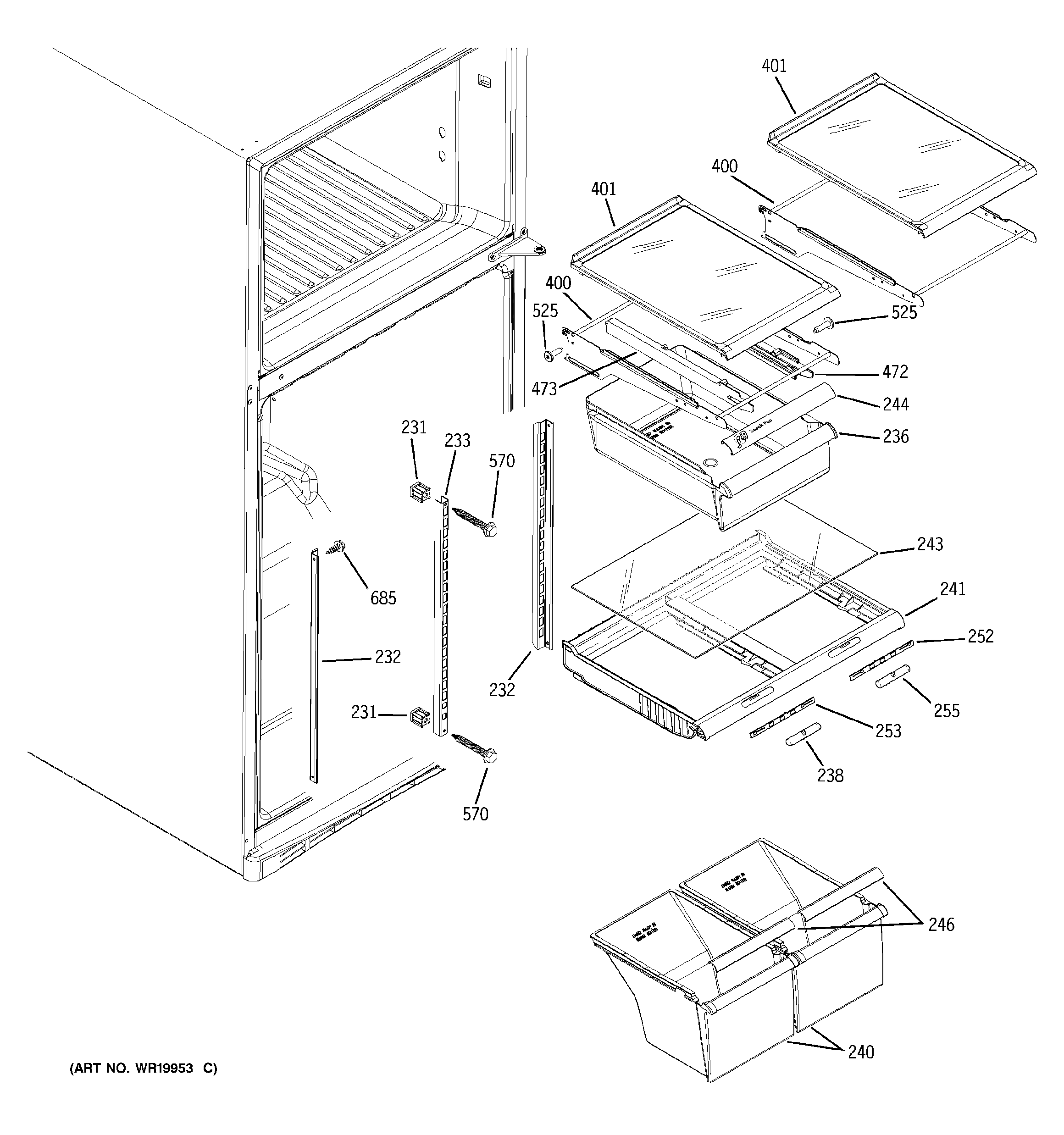 GE GTS18KHPLRCC fresh food shelves diagram
